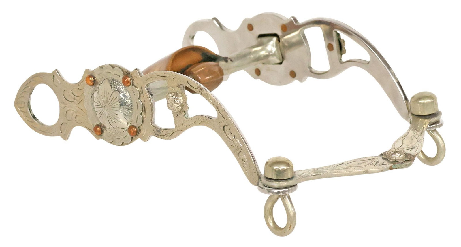 PARADE OR SHOW SILVER MOUNTED SPADE HORSE BIT: Horse Bit having foliate engraving on the 7.75" silver overlay cheek pieces with cutouts and a 1.75" concho held by copper rivets at each size, the engraving repeated at the slobber bar, the 5" copper