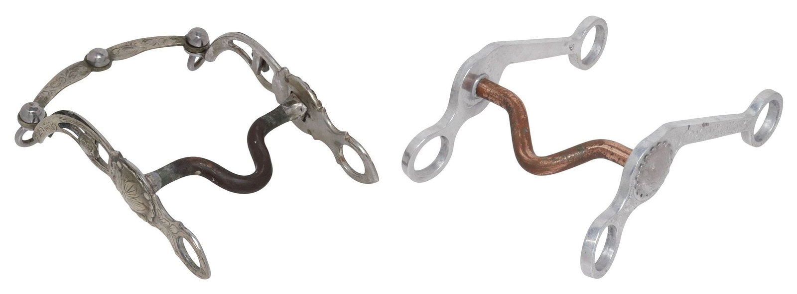 (2) PARADE SHOW SILVER MOUNTED HORSE BITS: (lot of 2) Horse Bits: (1) Horse Parade or Show Horse Bit, the silver mounted 8" cheekpieces with foliate engraving and two conchos at each side, one plate is partially separated from its cheekpiece,