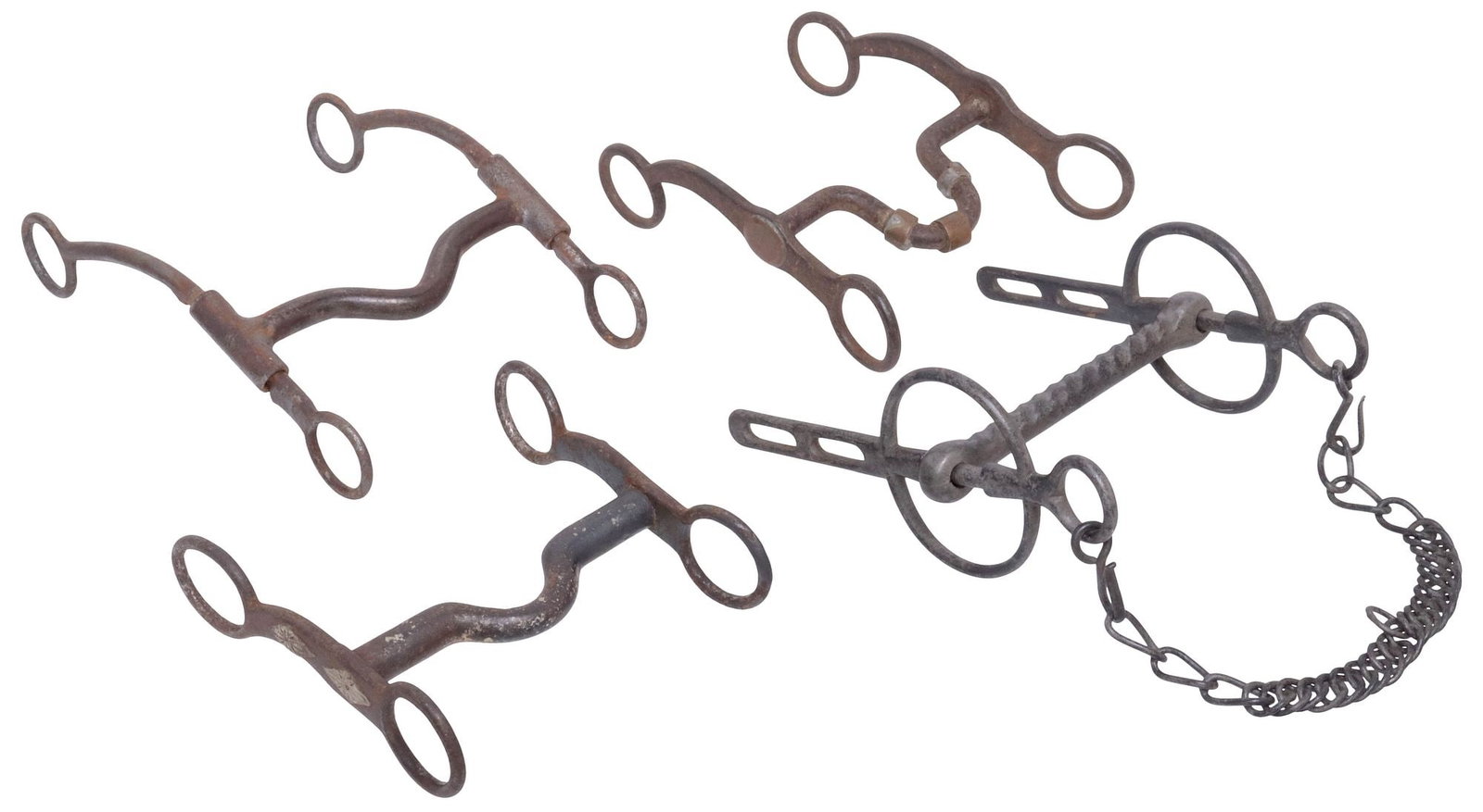 (4) VINTAGE & ANTIQUE HORSE BITS: (lot of 4) Vintage & Antique Horse Bits: (1) Vintage British Liverpool Carriage Horse Bit, Iron, having 7.5" straight cheekpieces, each with two slots allowing leverage choice, the opposite ends with