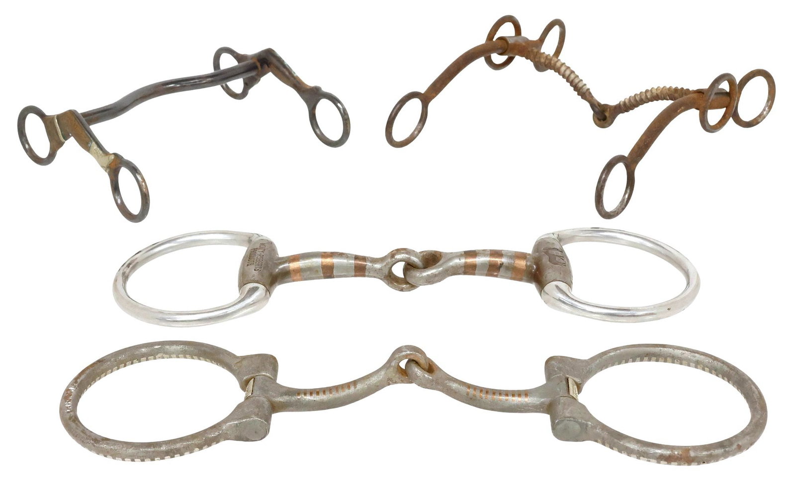 (4) HORSE BITS, E. GARCIA, MONTY ROBERTS, DARY DAVIS: (lot of 4) Horse Bits: (1) Monty Roberts British Snaffle Bit, D rings approx. 3.5" diameter with a 5.25" thick mouthpieces with inlaid copper strips, markings include "Monty Roberts Products" and a