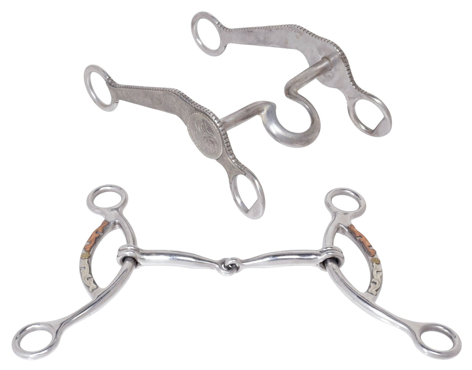 (2) FROG PORT SHOW HORSE BIT & SNAFFLE SHOW BIT: (lot of 2) Horse Bits: (1) Silver Mounted Horse Bit, the 8.5" cheekpieces with foliate engraving and a rope edge concho, the 5" mouthpiece with inlaid copper stripes and a frog port, no maker marks