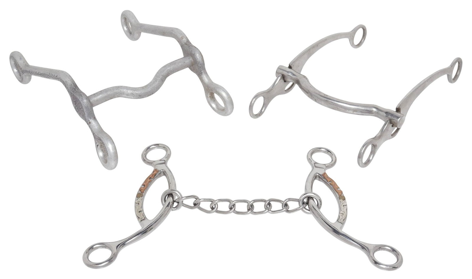 (3) HORSE BITS, ROY, CROCKETT, SLIDING CHAIN: (lot of 3) Horse Bits: (1) Silver overlay horse bit, the plain finish 8.75" cheekpieces both maker marked "Roy", a 5" curb mouth piece; (1) Silver overlay sliding chain gag horse bit, the 7"