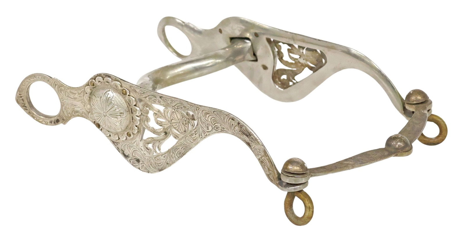VINTAGE FINELY ENGRAVED & PIERCED SHOW HORSE BIT: Vintage Fancy Horse Bit, the 8" cheekpieces with scrolled engraving, cutout designs and each with an engraved concho, a 4.75" curb mouthpiece and an engraved slobber bar, marked "Mexico" at slobber ba