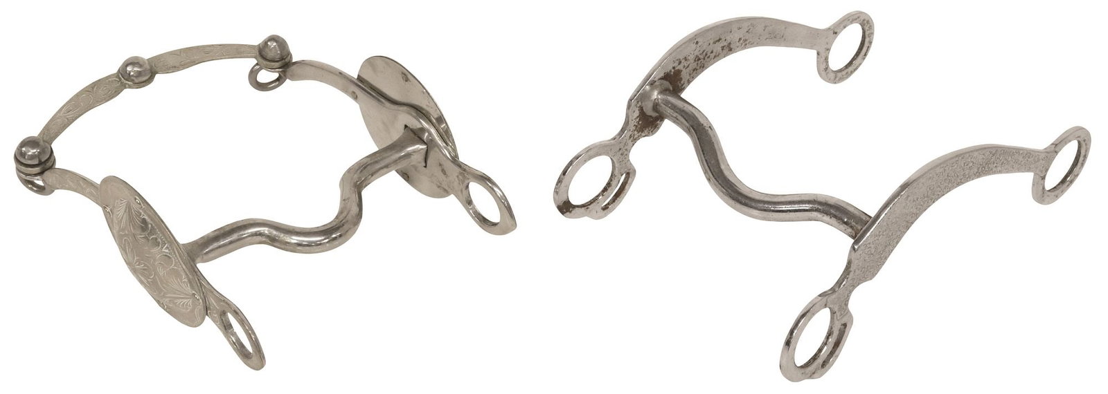 (2) VINTAGE SHOW HORSE BITS, ONE WITH 3" CONCHOS: (lot of 2) Horse Bits: (1) Vintage Silver Overlay Horse Bit, the 7.75" foliate engraved cheekpieces with large 3" conchos, a 5" curb mouthpiece and engraved slobber bar, no markings observed, for ship