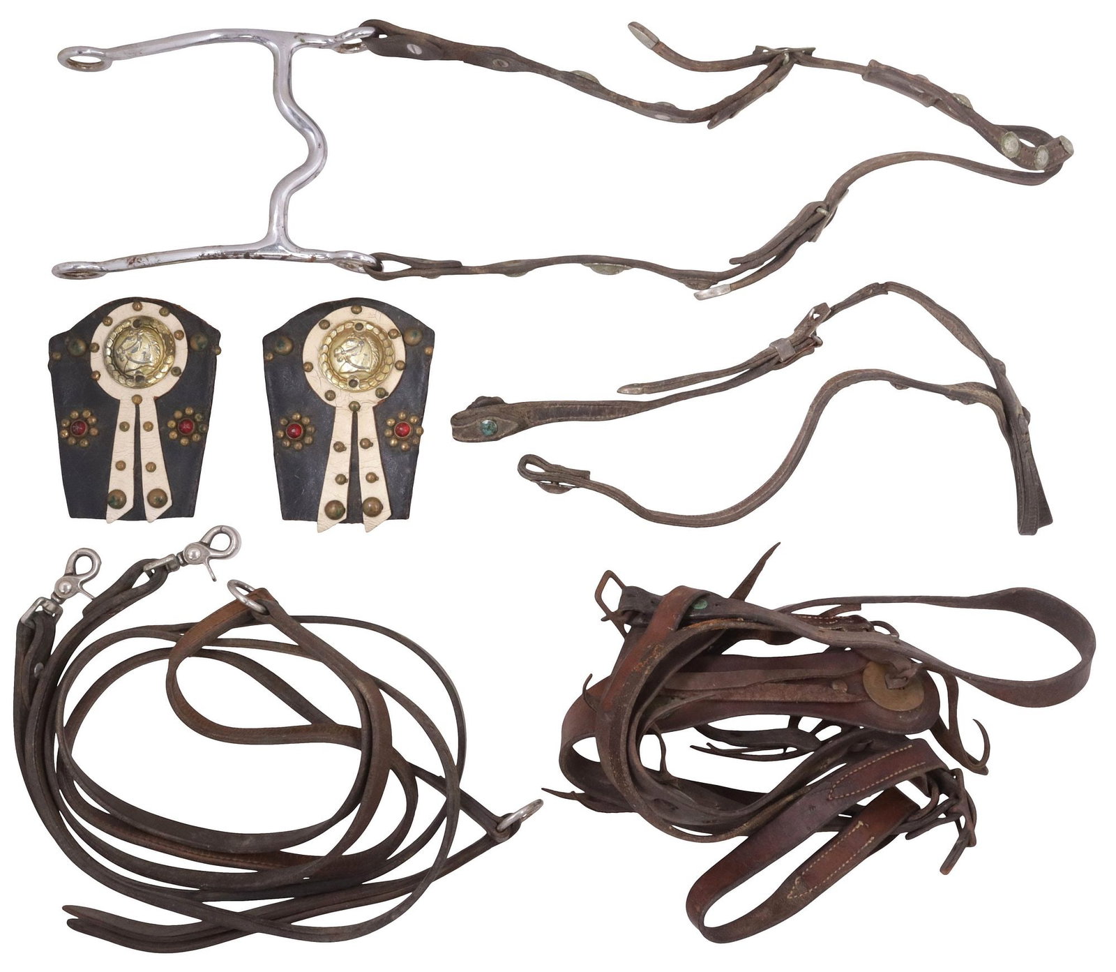(4) VINTAGE HORSE BIT & HEADSTALL, STERLING BUCKLE & LEATHER CUFFS: (lot of 4) HORSE BIT & HEADSTALLS, CUFFS; (1) Nickel plated horse bit, the 8.5" curving cheekpieces, 5" ported bit with possible maker mark at center, attached leather headstall with "Sterling Silver,