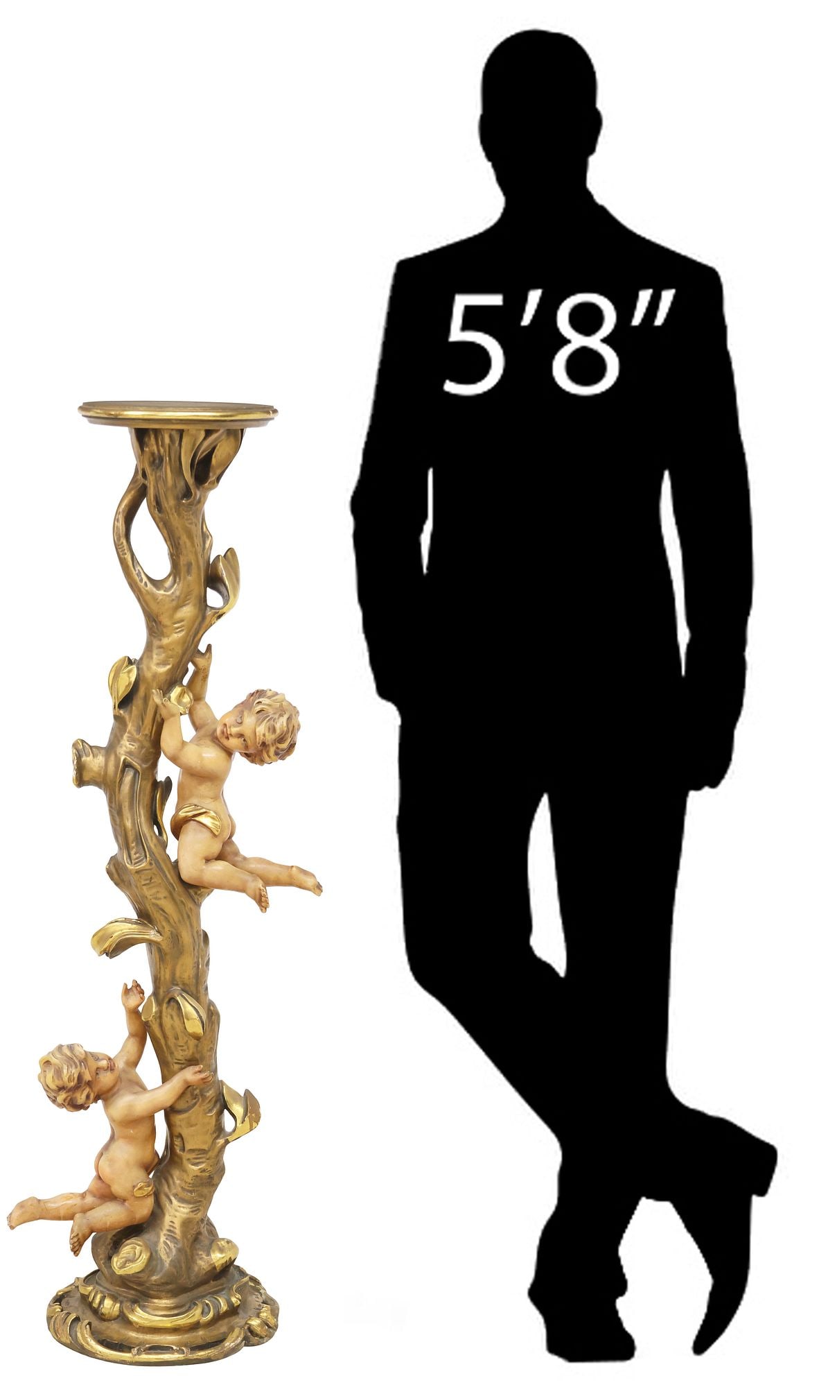 ITALIAN PARCEL-GILT COMPOSITE CHERUB PEDESTAL / PLANT STAND: Italian parcel-gilt composite pedestal/ plant stand, 20th c., having beveled-edge top, raised on tree trunk-form standard, climbed by a pair of putti with molded features, rising on platform base, app