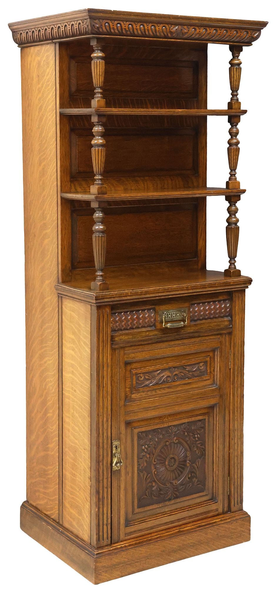 AMERICAN VICTORIAN CARVED OAK GUN STORAGE CABINET (1 of 8)