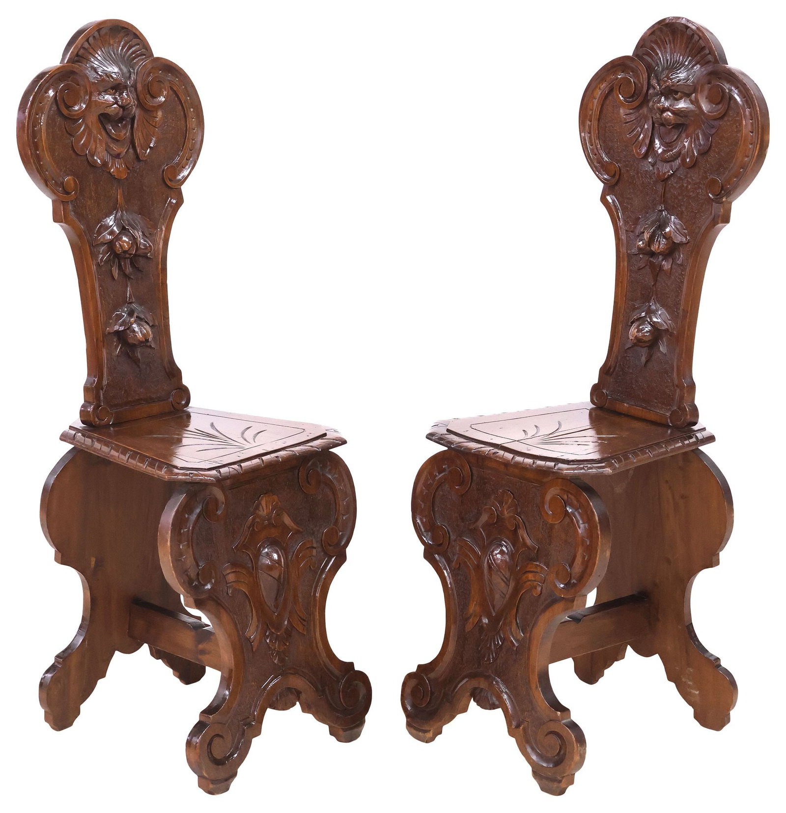 (2) ITALIAN RENAISSANCE REVIVAL CARVED WALNUT HALL CHAIRS (1 of 5)
