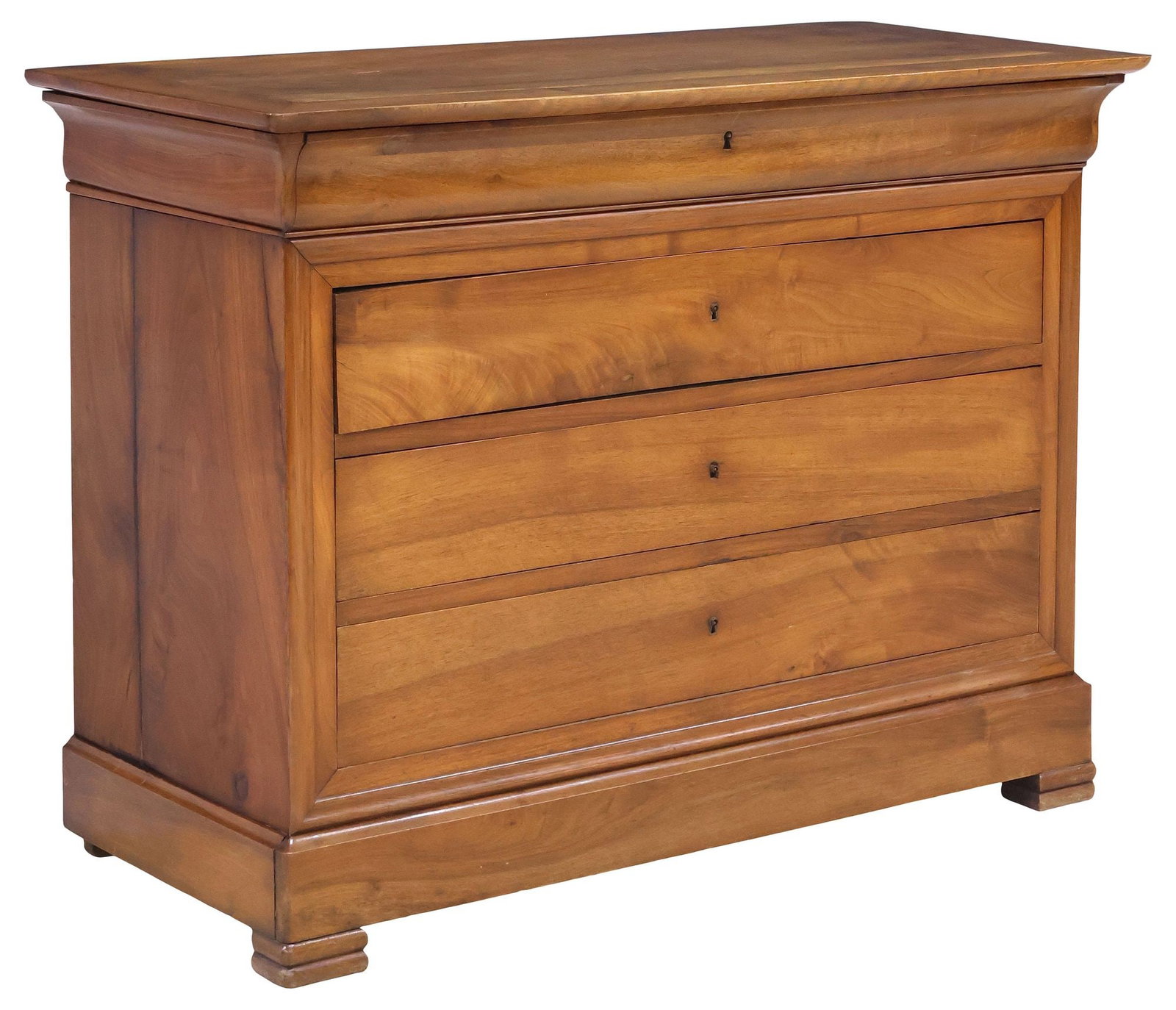 FRENCH LOUIS PHILIPPE PERIOD BURLED WALNUT COMMODE: French Louis Philippe period figured walnut commode, mid 19th c., having rectangular top, over protruding frieze drawer, and three long drawers, rising on frontal block feet, approx 37"h, 50"w, 22.5"d