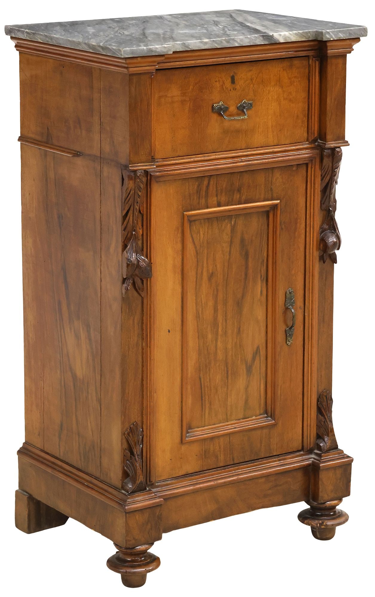 FRENCH LOUIS PHILIPPE MARBLE-TOP BURLED WALNUT BEDSIDE CABINET: French Louis Philippe period figured walnut nightstand, mid 19th c., having shaped marble top, above single drawer and paneled cabinet door, revealing fixed-height shelving, with carved fruit motifs, 