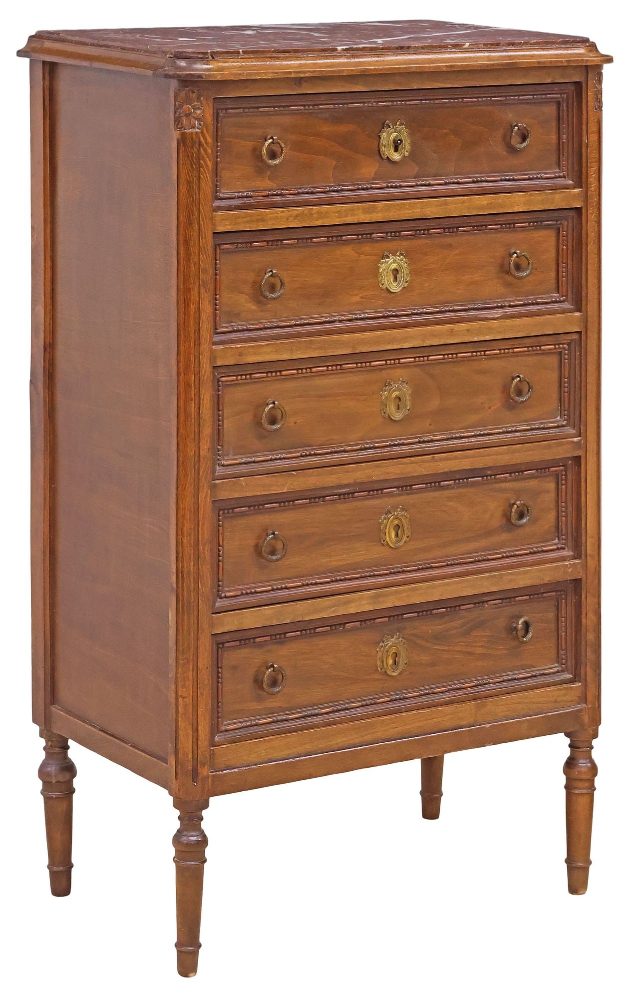 FRENCH LOUIS XVI STYLE MARBLE-TOP WALNUT TALL CHEST OF DRAWERS (1 of 5)