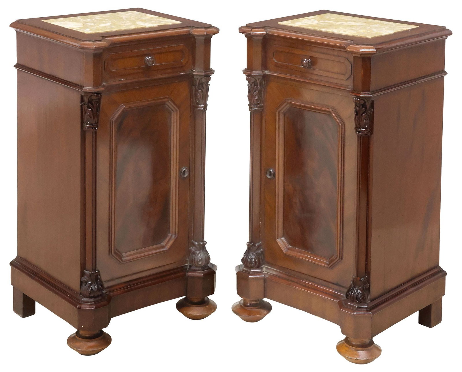 (2) ITALIAN MARBLE-TOP BURLED MAHOGANY BEDSIDE CABINETS / NIGHTSTANDS: (pair) Italian figured mahogany nightstands, mid 19th c., each having shaped top with inset marble surface, above single drawer and paneled cabinet door, opening to fixed height shelf, flanked by colu