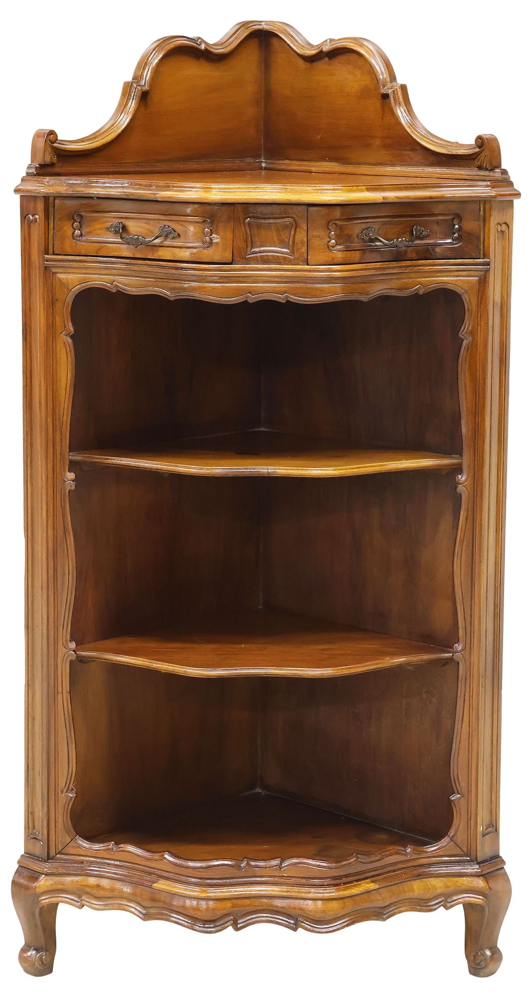 LOUIS XV STYLE MAHOGANY 2-DRAWER CORNER CABINET: Louis XV style mahogany encoinure etagere or corner cabinet, 20th c., raised gallery with scrolled trim, above conforming case fitted with two butterfly drawers, and two fixed-height shelves, on short