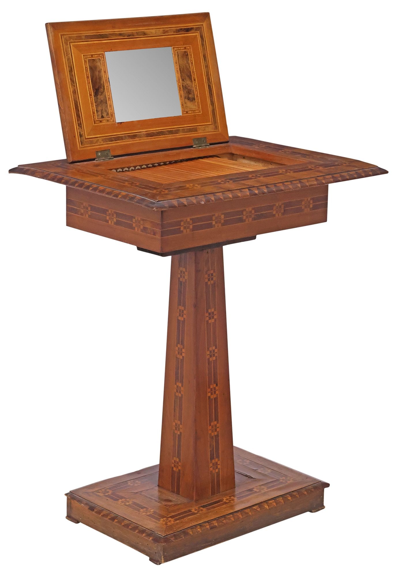 CONTINENTAL PARQUETRY INLAID HINGED-TOP DRESSING / WORK TABLE: Continental parquetry-inlaid dressing table, 19th c., having rectangular hinged top, revealing inset beveled mirror plate, over tambour-covered storage compartment, rising on tapered pedestal, ending 