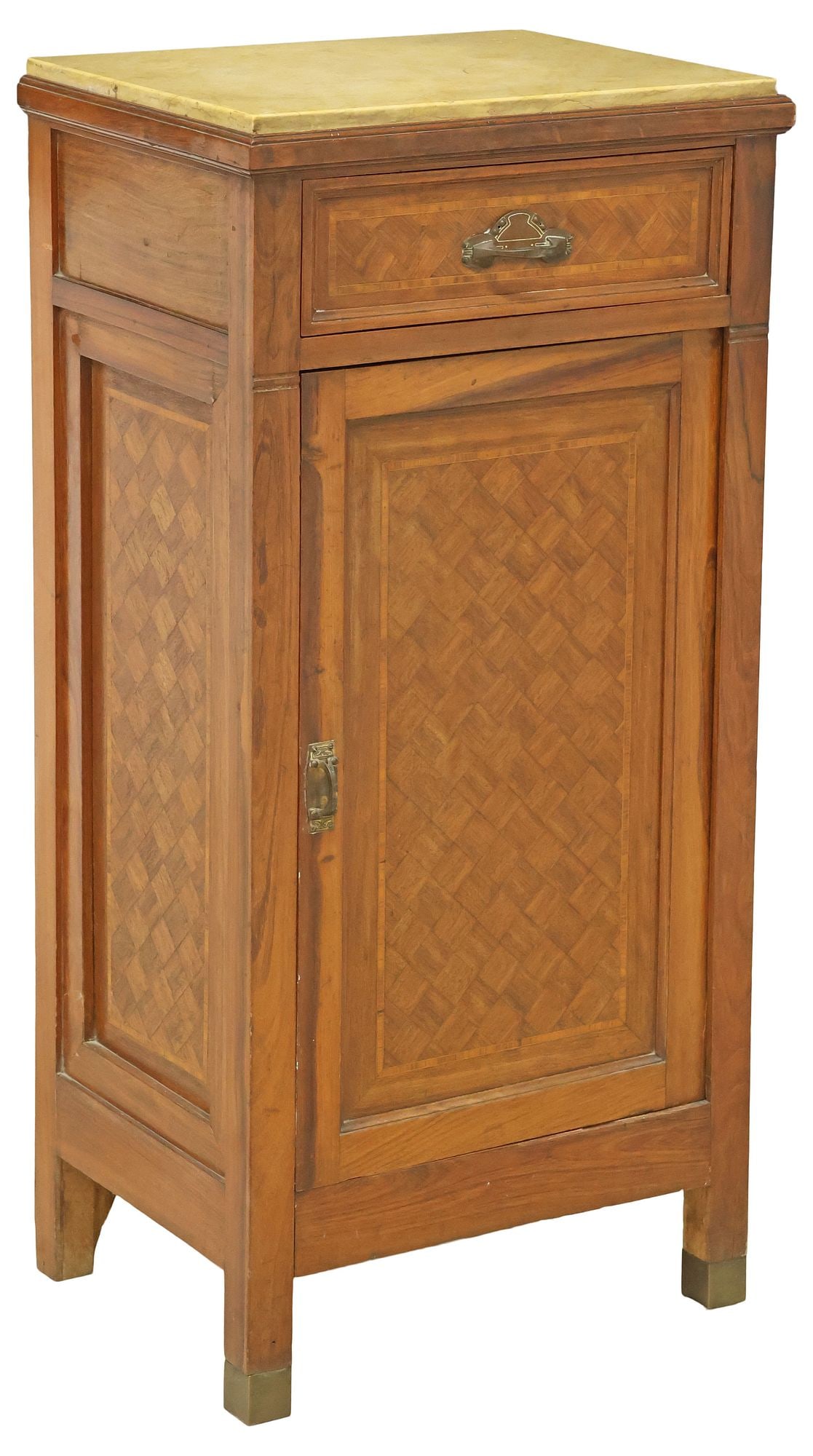 ITALIAN STILE LIBERTY MARBLE-TOP PARQUETRY BEDSIDE CABINET: Italian Art Nouveau (Stile Liberty) parquetry-inlaid nightstand, early 20th c., having marble top, over single drawer and cabinet door, revealing fixed-height shelving, and inset porcelain storage com