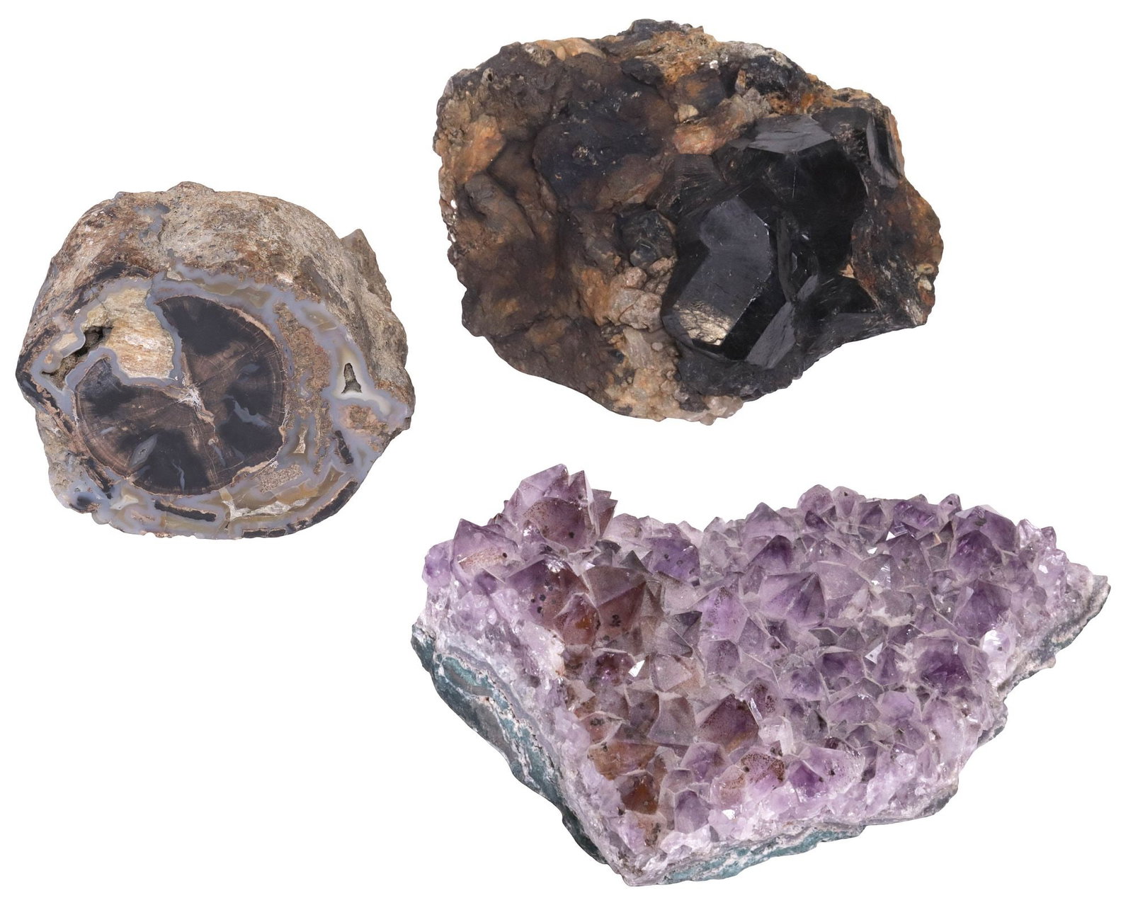 (3) GEOLOGICAL SPECIMENS, GARNET, AMETHYST CRYSTAL & PETRIFIED WOOD: (lot of 3) Geological specimens, including: (1) garnet cluster, (1) petrified wood encased in stone, possibly agate, (1) amethyst crystal geode, largest: approx 4.5"h, 8.25"w, 6.75"d, 21lbs total