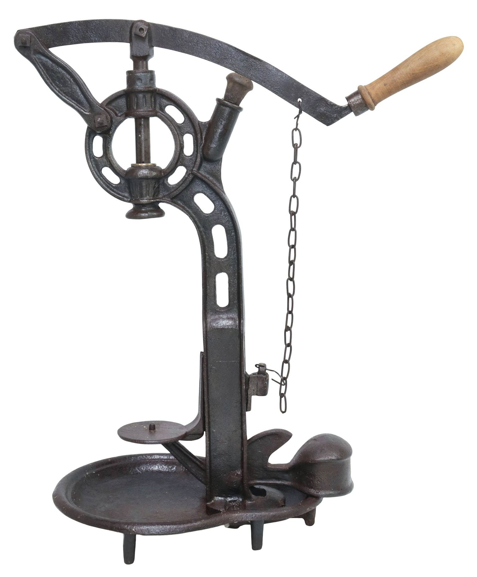 LARGE CAST IRON LEVERAGE WINE CORKER ON SHAPED BASE, 25.75"H: Large French cast iron standing wine bottle cork press, late 19th/ early 20th c., having wood handled lever, on shaped base with tapered feet, approx 25.75"h, 22.5"w, 10 7/8"d, 31.lbs