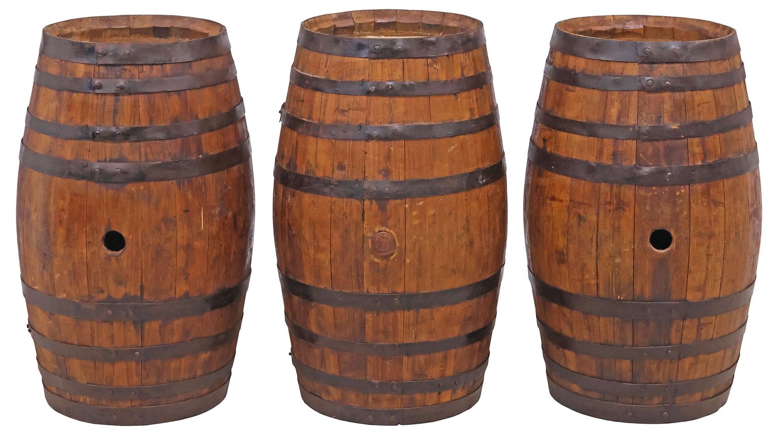 (3) ITALIAN IRON-BANDED COOPERED OAK WINE BARRELS: (lot of 3) Italian coopered oak wine barrels, early 20th c., with iron banding, each retaining shipper's label, slightly varied sizes, largest: approx 27"h, 17"diam