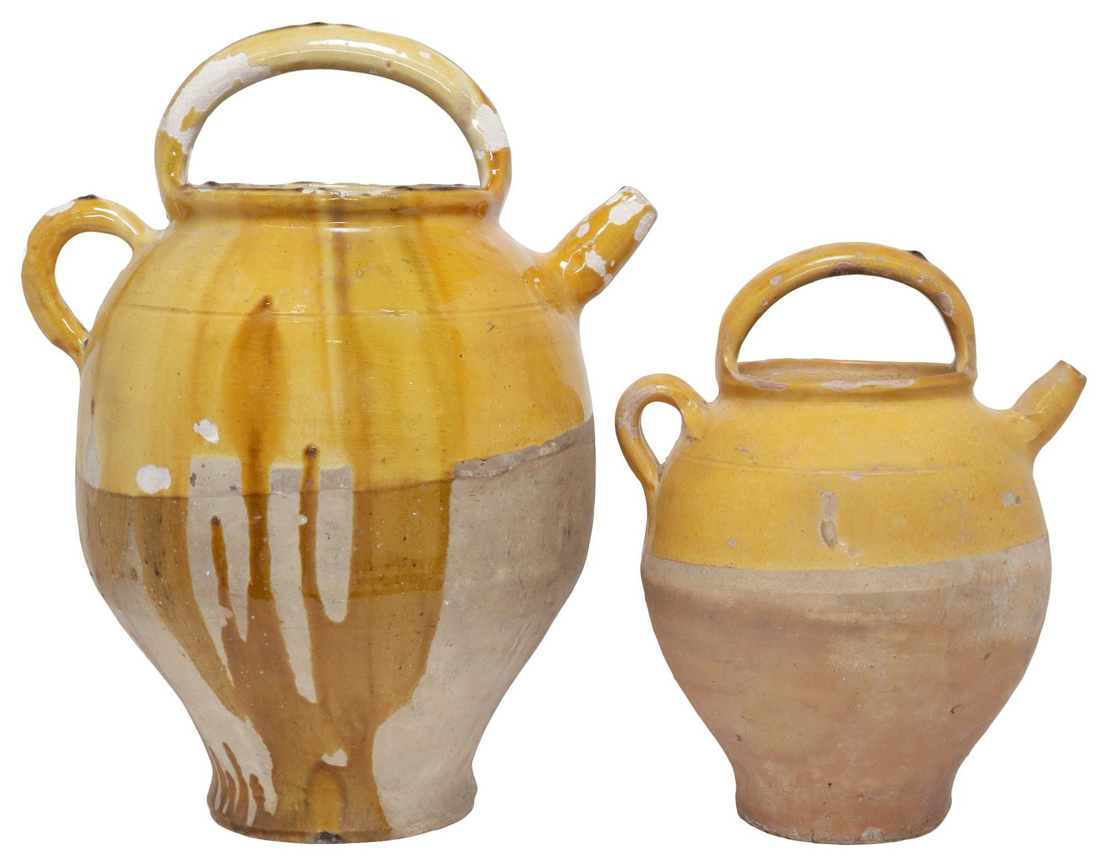 (2) FRENCH PROVINCIAL OCHRE-GLAZED EARTHENWARE CRUCHES / JUGS (1 of 3)