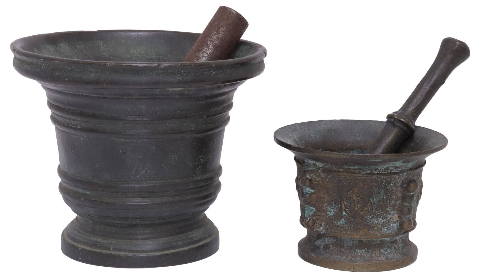 (2) PATINATED BRONZE MORTARS & PESTLES (1 of 5)