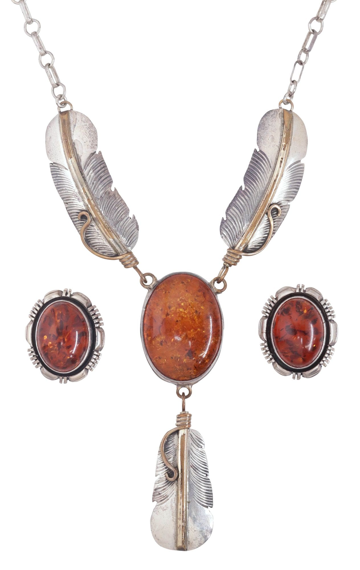 (2) NATIVE AMERICAN STERLING & AMBER JEWELRY, RICHARD SONG SR. & LESLIE YAZZIE: (lot of 2) Native American sterling silver and amber (gemologist reviewed) cabochon jewelry, each marked sterling, including: (1) necklace, signed Richard Song Sr. (20th c.), with 12kt yellow gold fil
