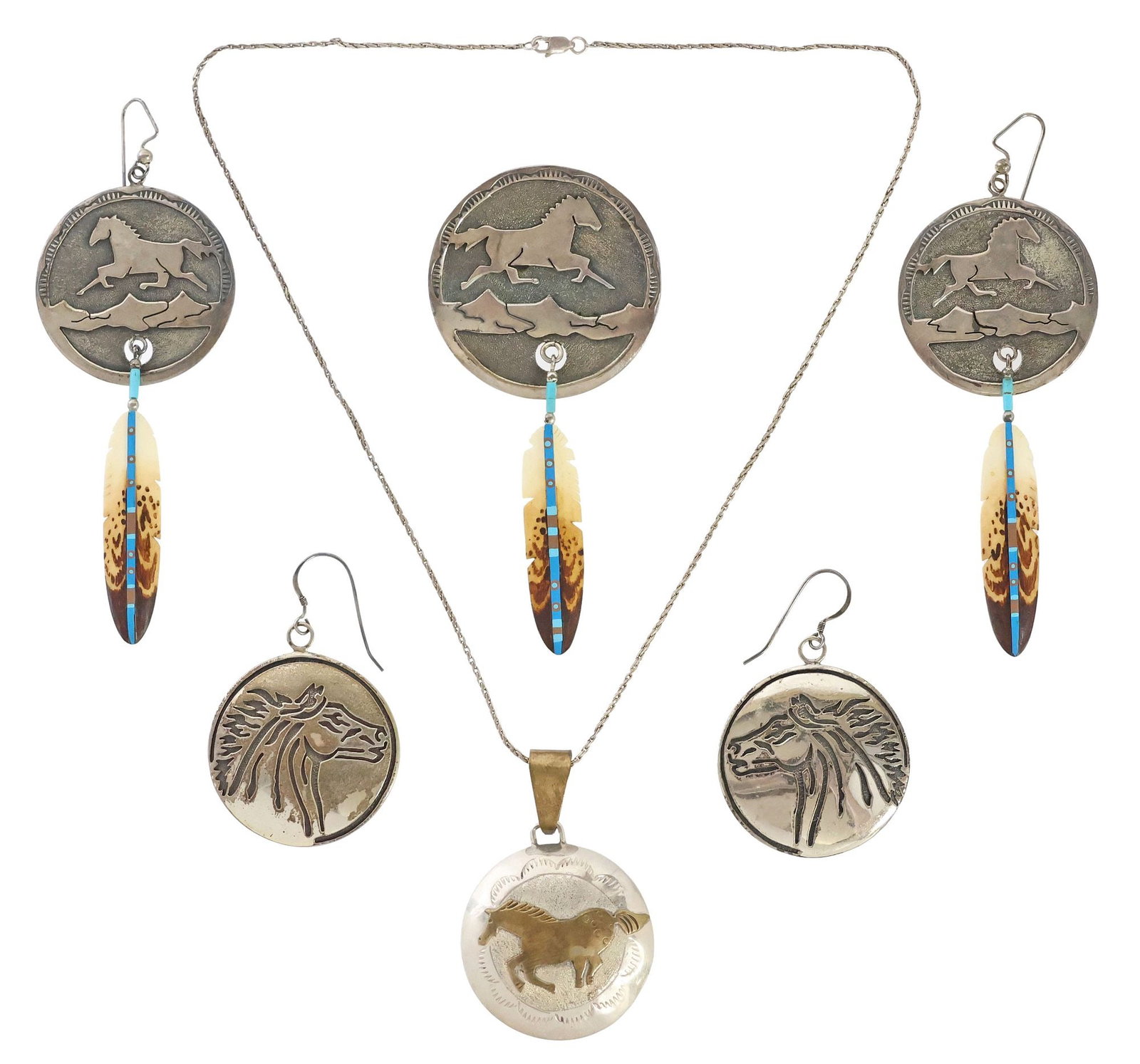 (4) NATIVE AMERICAN NAVAJO JEWELRY, JEREMY DELGARITO, ROBERT JOHNSON & OTHER: (lot of 4) Native American and Southwest sterling silver jewelry, including: (2) Jeremy Delgarito (Navajo/ Dine, 20th c.), each having shield-form plaque with running horse motif, issuing a carved and