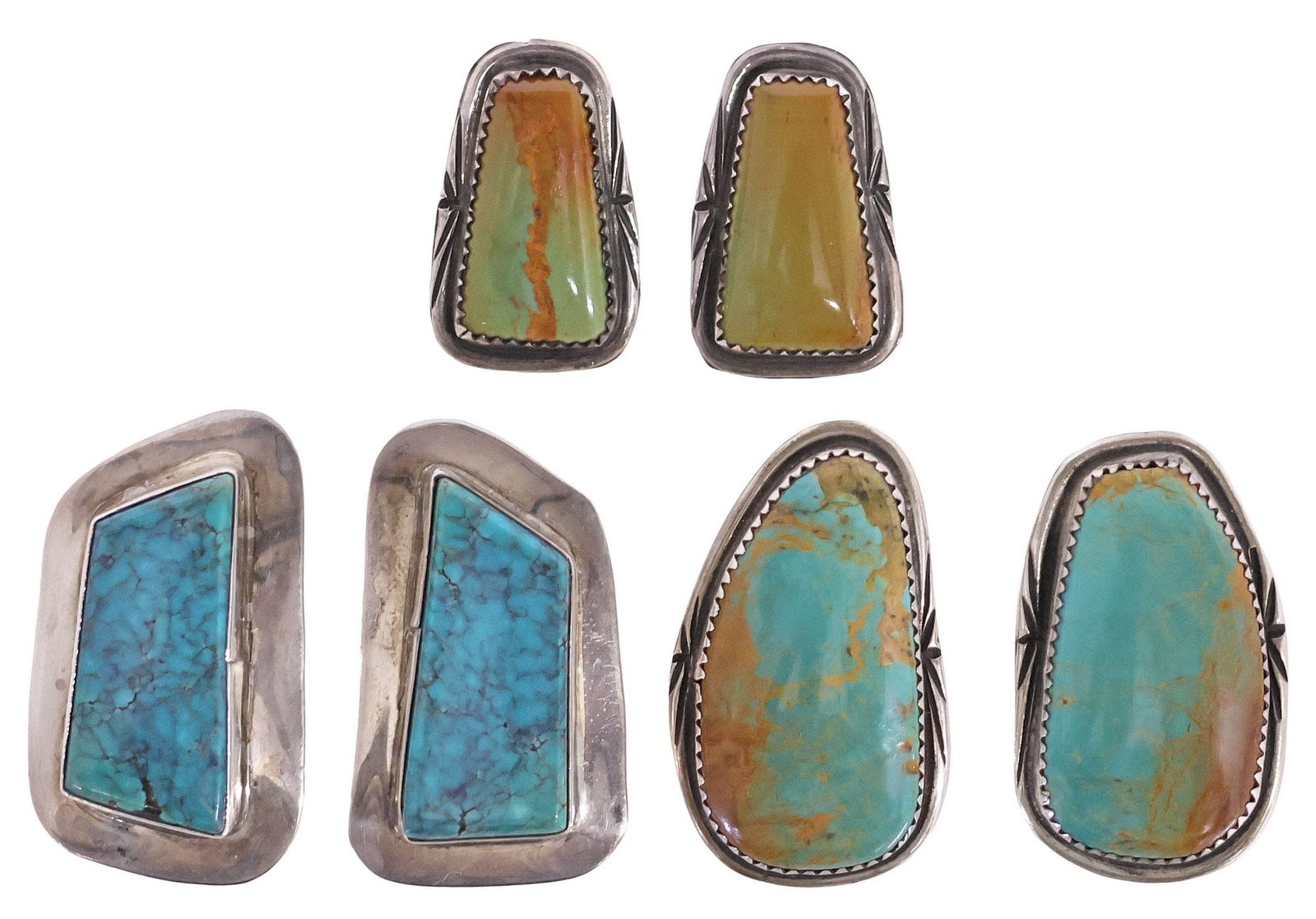 (3 PR) NATIVE AMERICAN SILVER & TURQUOISE CABOCHON EARRINGS: (lot of 3) Native American silver and turquoise earrings, each with central bezel-set turquoise cabochon, for pierced ears, with post backs, including: (pair) sterling earrings, marked sterling Zuni, 