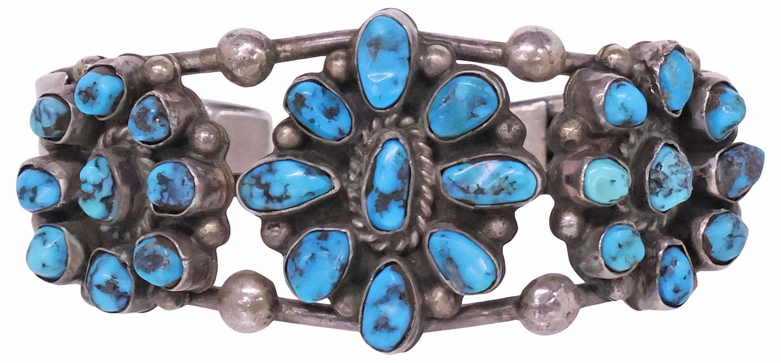 NATIVE AMERICAN SILVER & TURQUOISE CLUSTER CUFF BRACELET (1 of 5)