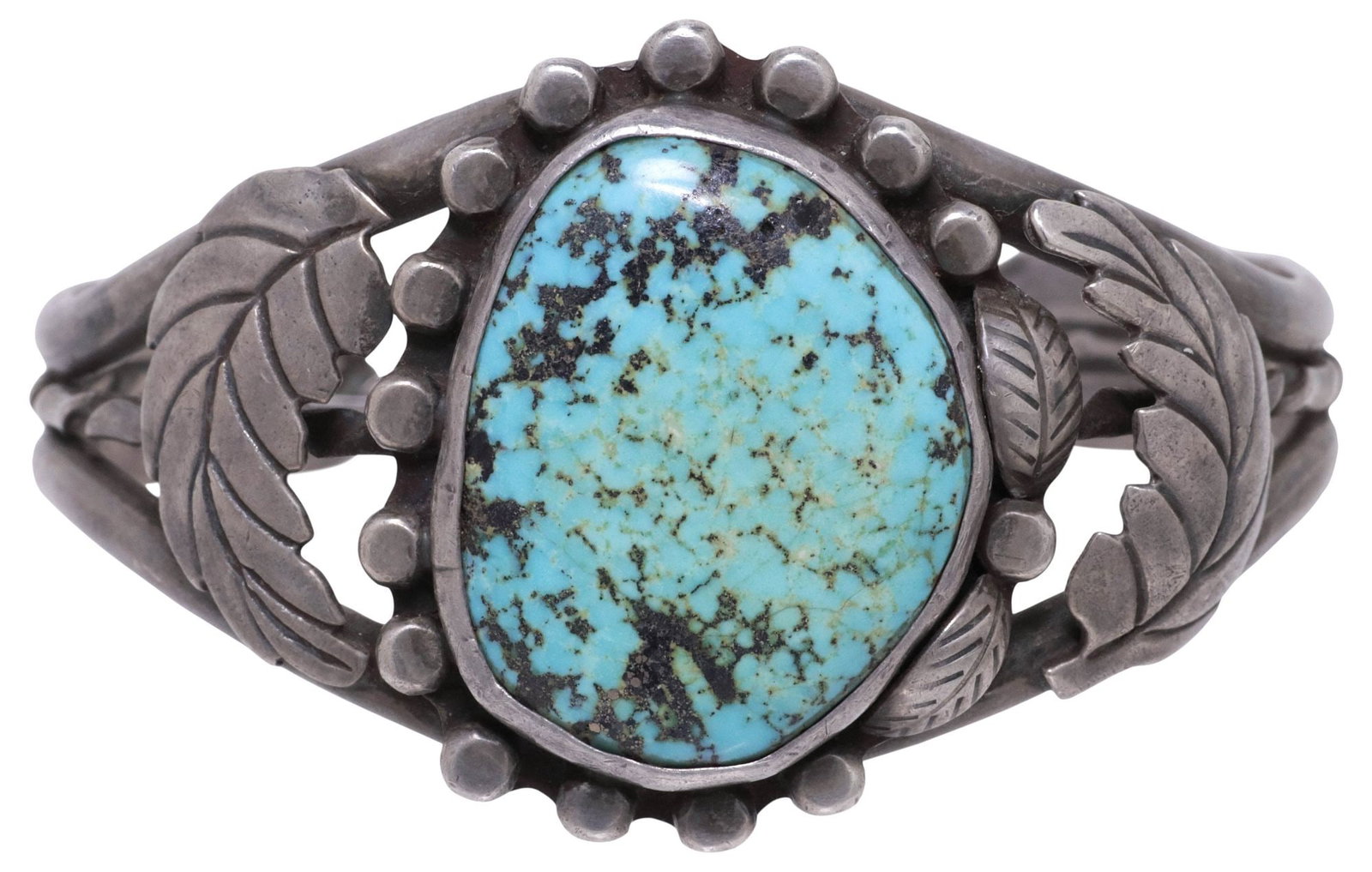 NATIVE AMERICAN SILVER & TURQUOISE CABOCHON CUFF BRACELET: Native American silver (content unknown) and turquoise cuff bracelet, bezel-set turquoise cabochon in a beaded surround, on split-shank cuff with applied leaves, unmarked, approx 1 3/8"w, interior: ap