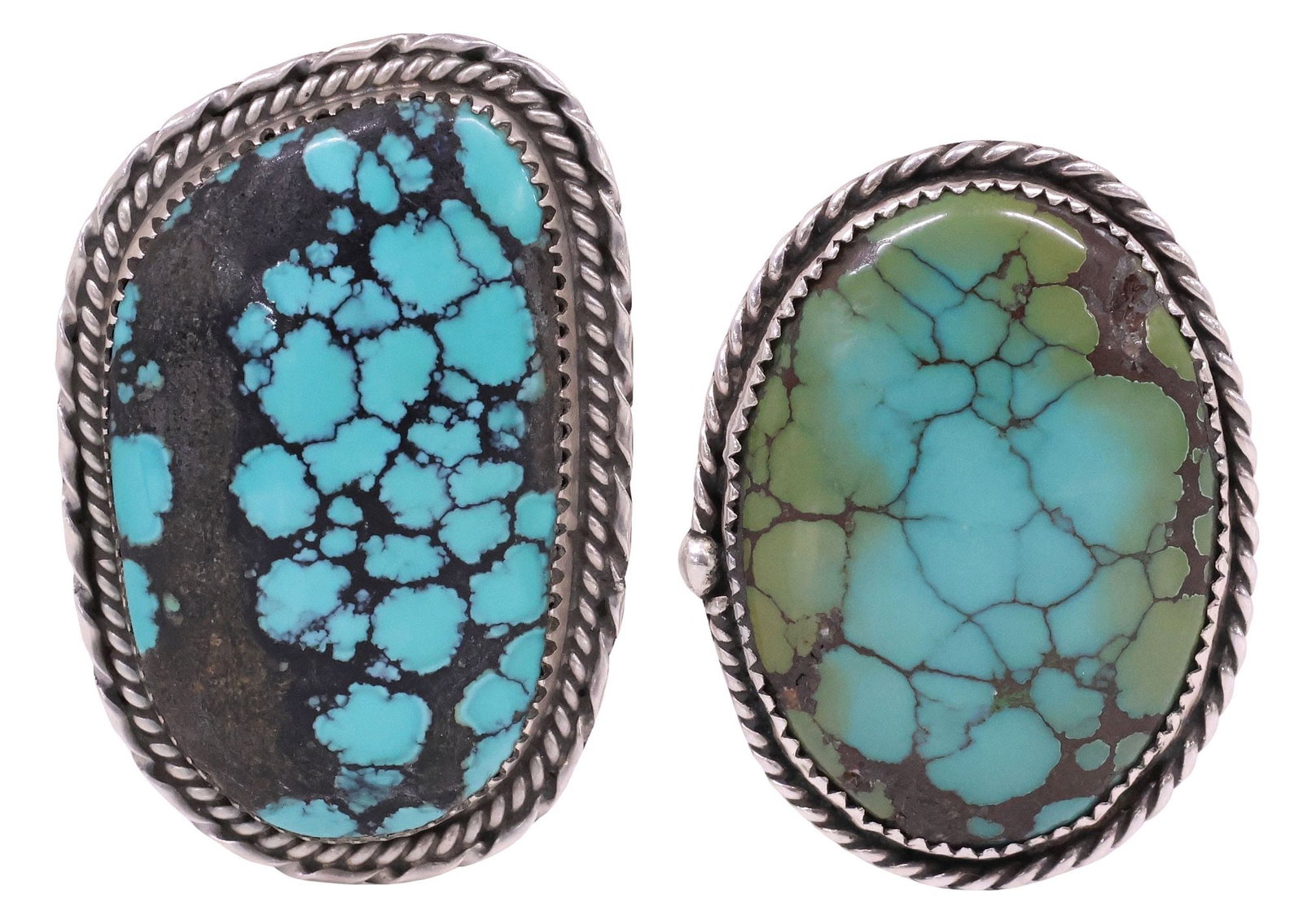 (2) NATIVE AMERICAN NAVAJO SILVER & TURQUOISE RINGS, MARIE SILVER & OTHER: (lot of 2) Native American silver (content unknown) and turquoise rings, each having large bezel-set cabochon with twisted rope trim, on split shank band, including: (1) signed M. Silver (Marie Silver