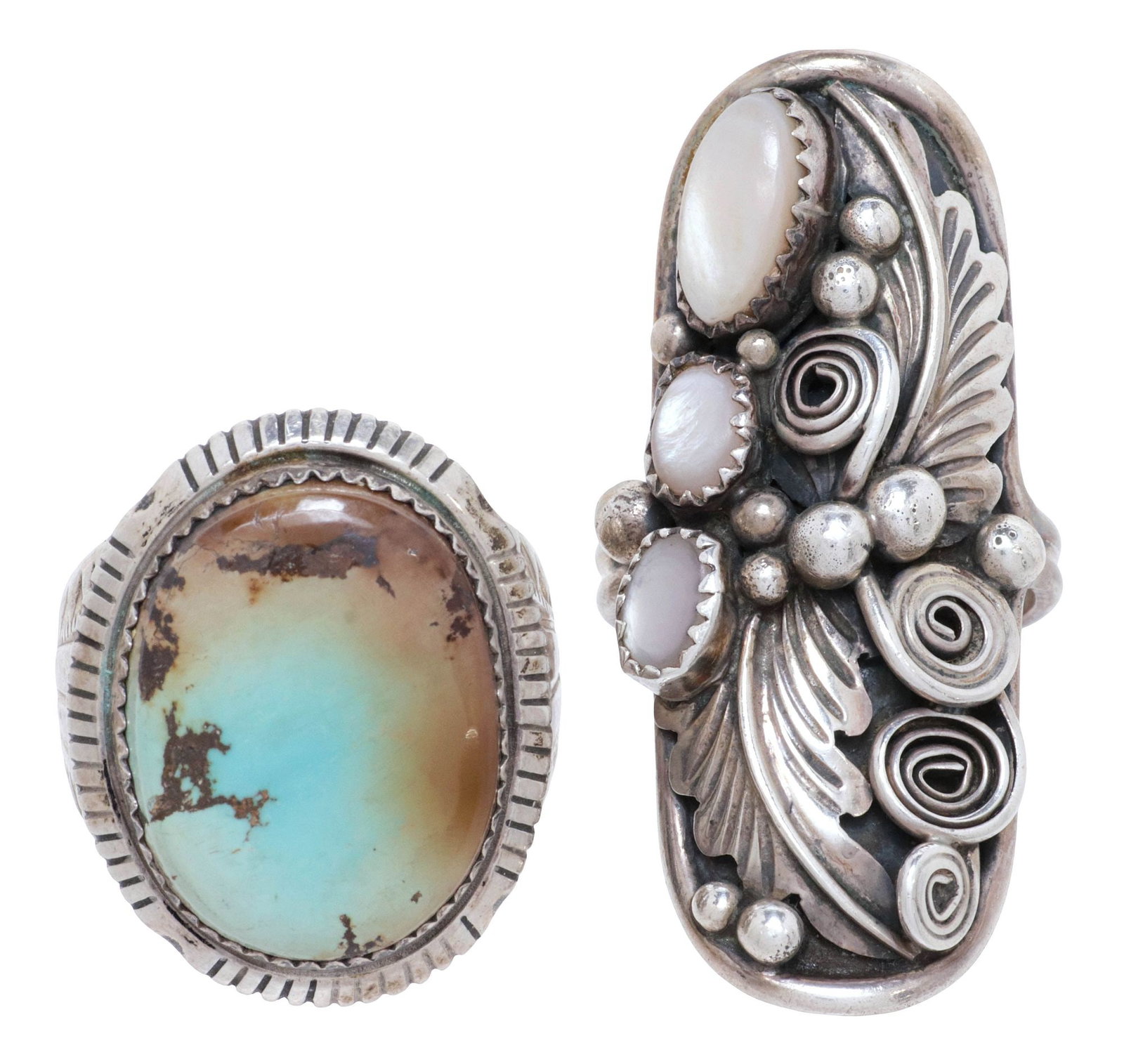 (2) NATIVE AMERICAN SILVER & GEMSTONE RINGS, ANNY LOCASPINO & OTHER: (lot of 2) Native American silver and gemstone rings, including: (1) sterling silver ring, signed AL (Anny Locaspino, Zuni, 20th c.), with bezel-set turquoise cabochon, possibly Royston mine, with flu