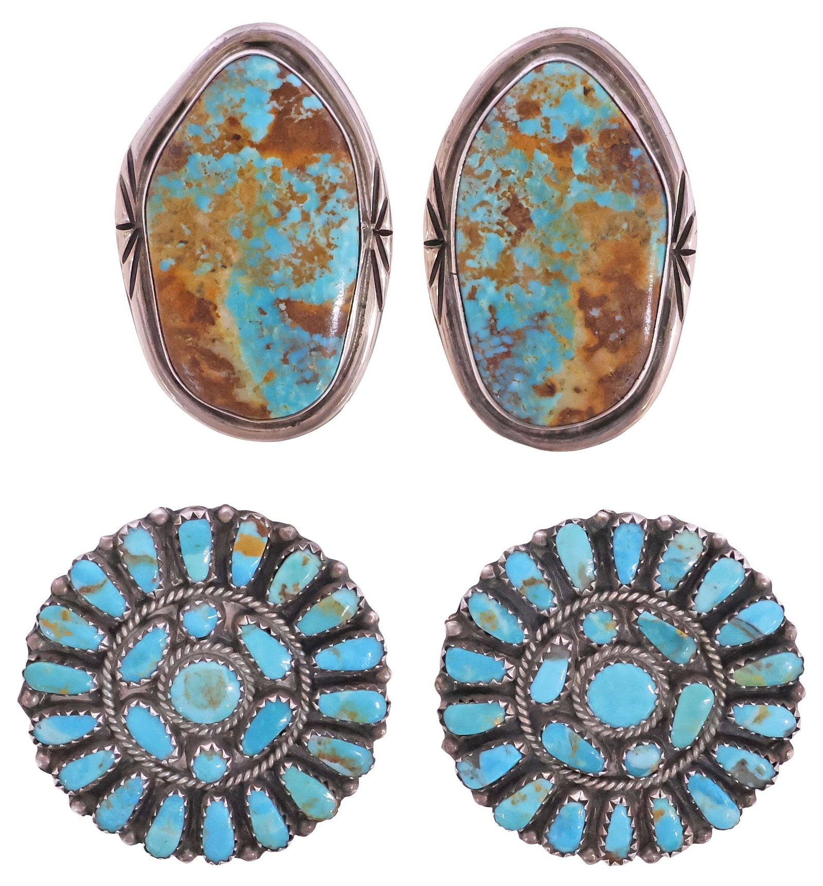 (2 PR) NATIVE AMERICAN STERLING & TURQUOISE EARRINGS, LARRY MOSES BEGAY & OTHER: (lot of 2) Native American sterling silver earrings, each marked sterling with post backs, varied designs and makers, including: (pair) signed LMB (Larry Moses Begay, Navajo/ Dine, b.1969), of medalli