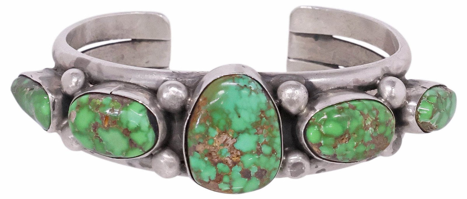NATIVE AMERICAN SILVER & GREEN TURQUOISE CABOCHON CUFF BRACELET: Native American silver (content unknown) cuff bracelet, split shank with five bezel-set green turquoise cabochons, interspaced with silver beads, unmarked, approx 1"w, interior: approx 5.5"l, gap: app