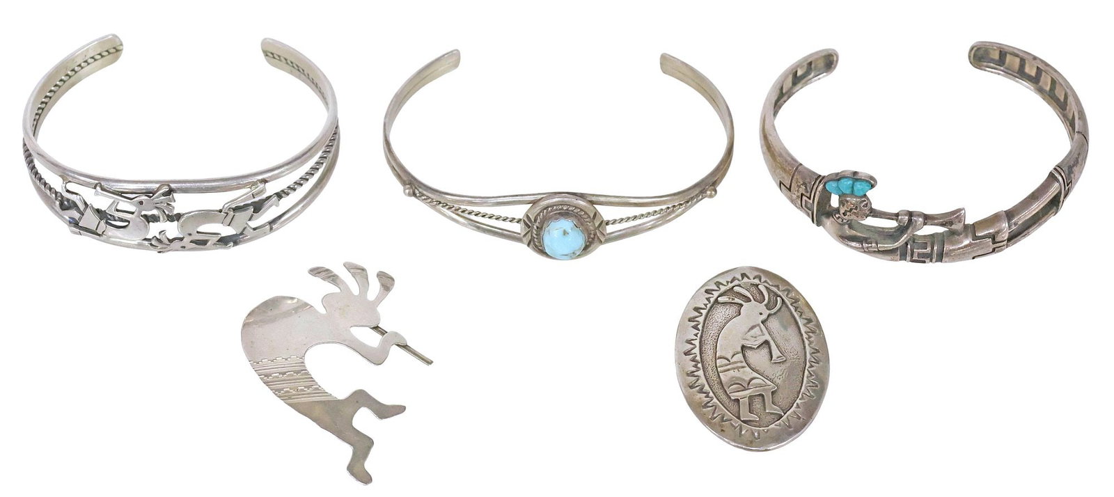 (5) NATIVE AMERICAN SILVER CUFFS & BROOCHES, 4 FIGURAL KOKOPELLI (1 of 13)