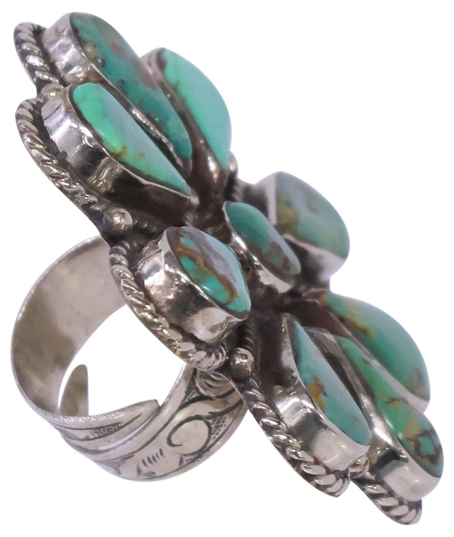 LARGE NATIVE AMERICAN SILVER & TURQUOISE FLOWER STATEMENT RING - 2