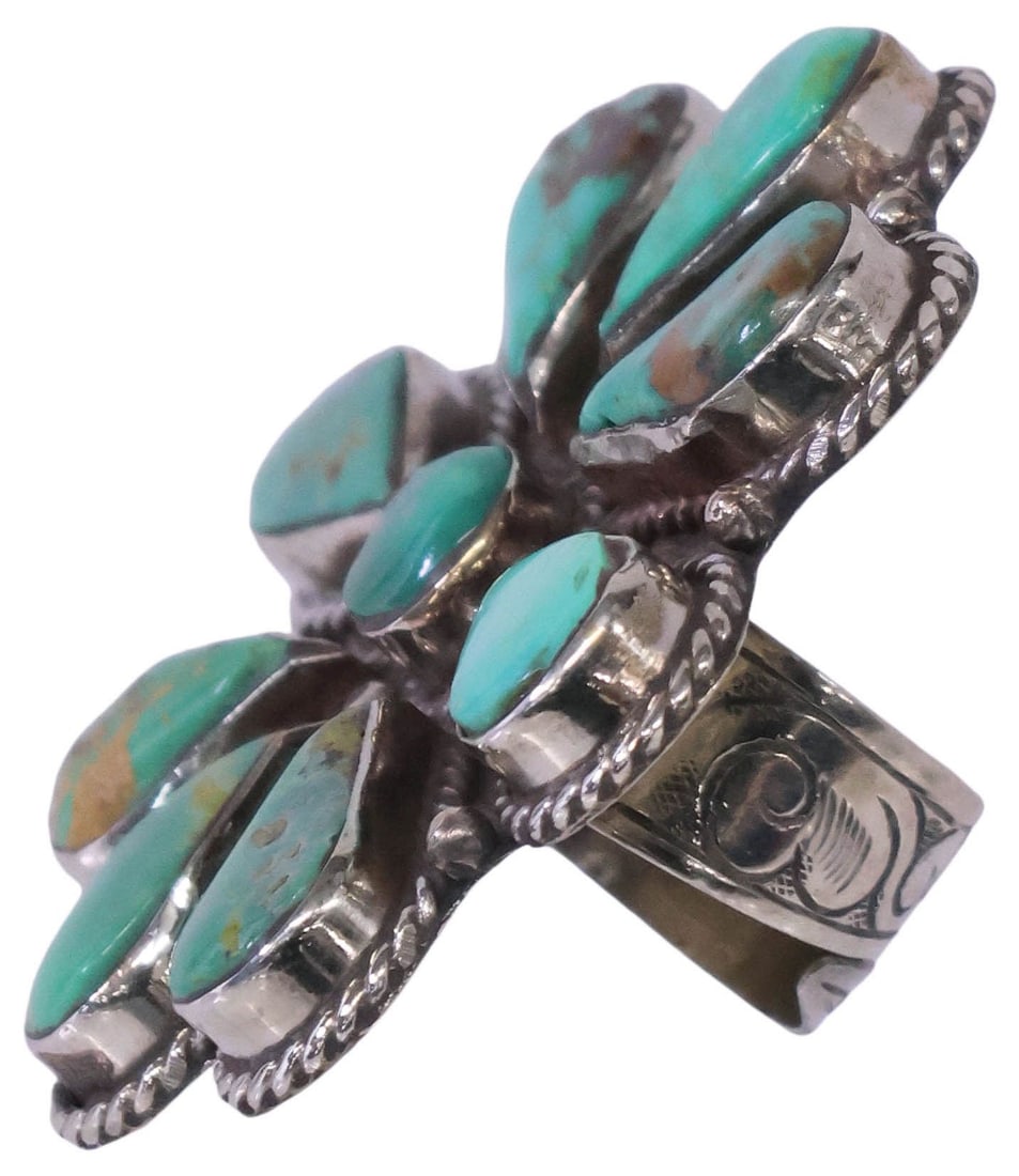 LARGE NATIVE AMERICAN SILVER & TURQUOISE FLOWER STATEMENT RING - 3