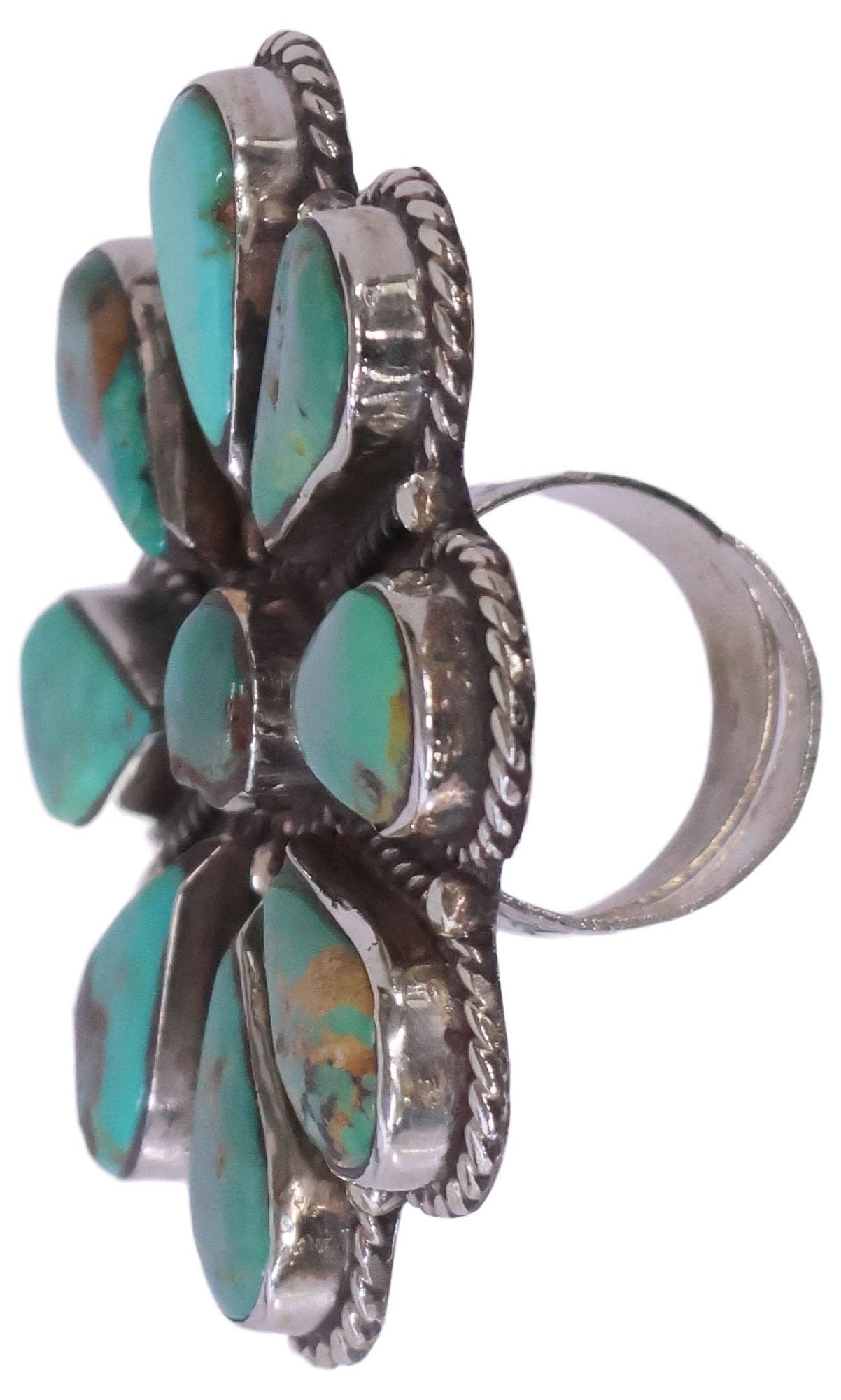 LARGE NATIVE AMERICAN SILVER & TURQUOISE FLOWER STATEMENT RING - 4