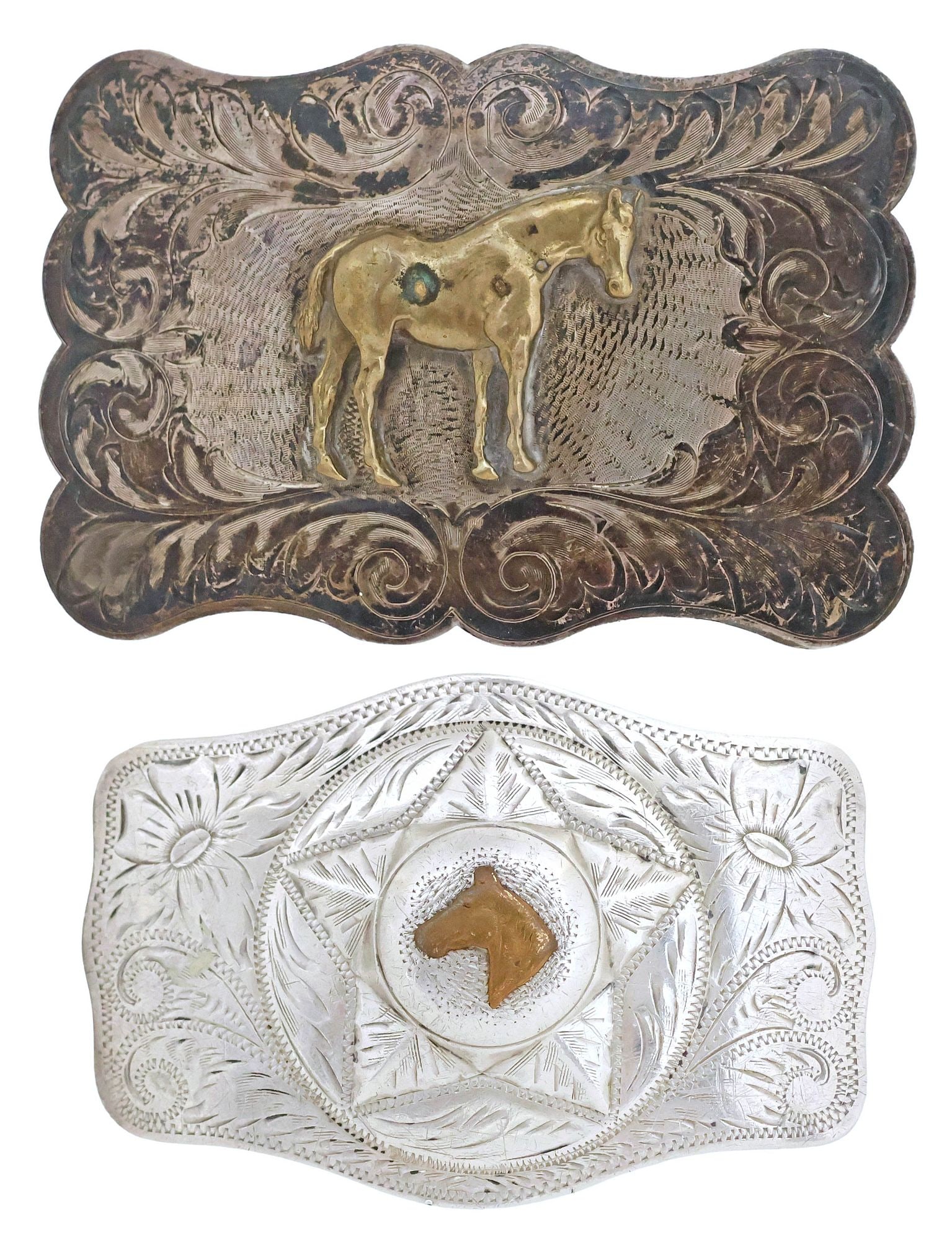 (2) IRVINE & JACHENS AND ROBERT BOYD GILT-OVERLAID BELT BUCKLES, 1 STERLING: (lot of 2) Southwest style parcel-gilt metal belt buckles, varied designs and makers, each with engraved and etched scrolling foliates, and gilt-overlaid horse motif including: (1) Irvine & Jachens In
