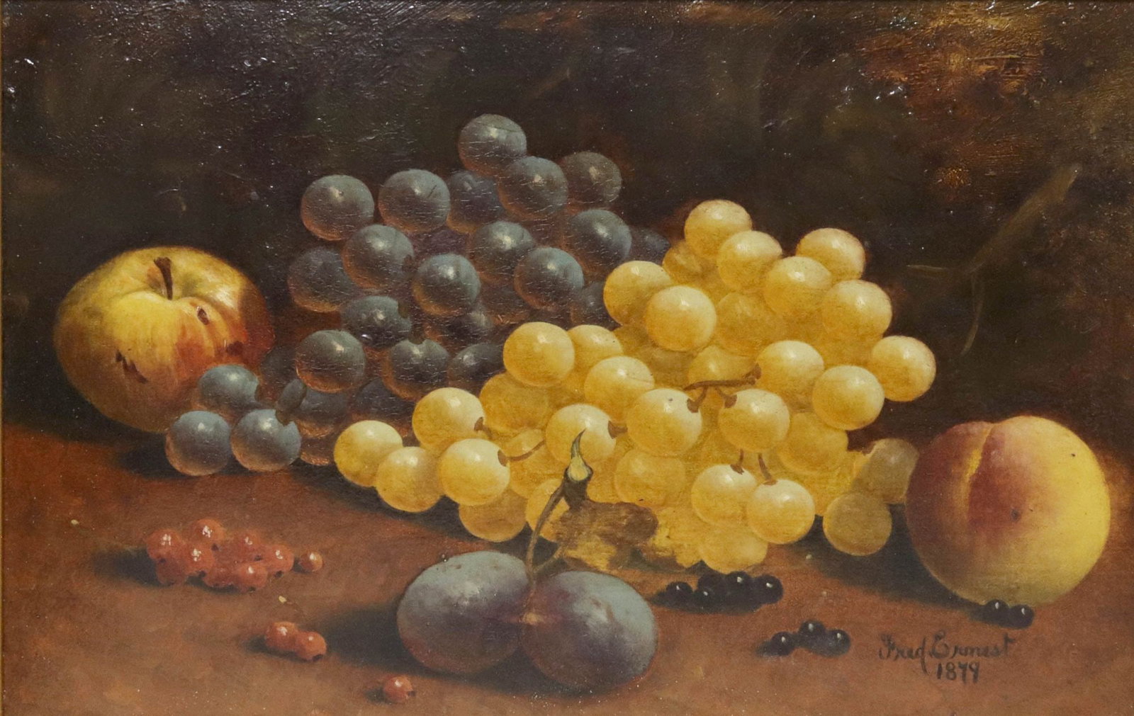 FRED ERNEST (19TH C.) OIL PAINTING, STILL LIFE WITH GRAPES & FRUIT: Framed oil on panel painting, Still Life with Grapes and Fruit, signed lower right Fred Ernest (19th c.), dated 1879, artist attribution at lower center of frame, sight: approx 11 1/8"h, 17 3/8"w,