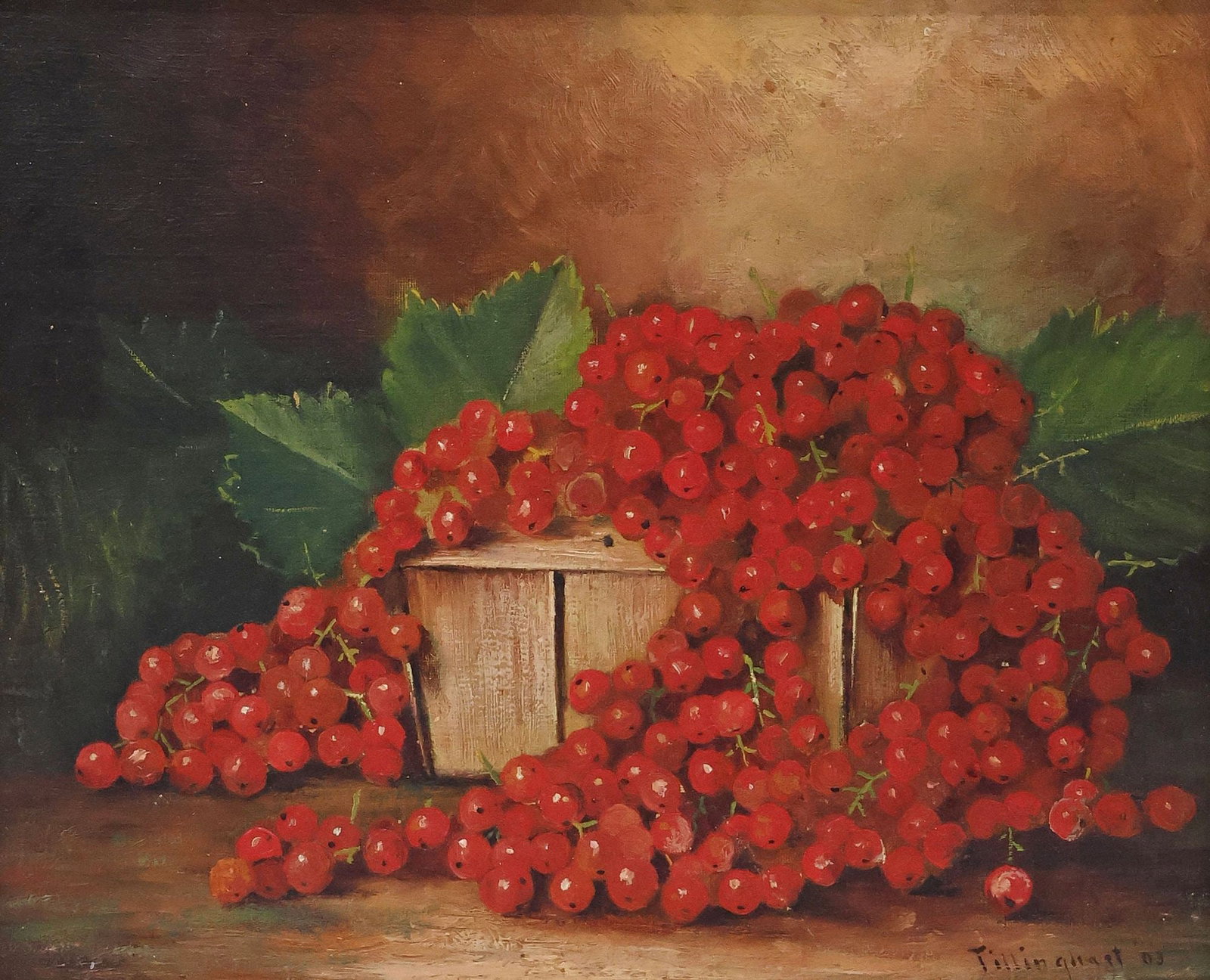 A.C. TILLINGHAST (AMERICAN, 20TH C.) OIL PAINTING, STILL LIFE WITH FRUIT: Framed oil on canvas painting, Still Life with Red Grapes, signed lower right Tillinghast (A.C. Tillinghast, American, 19th c.), dated [19]03, additional incised signature and date on back stretcher, 