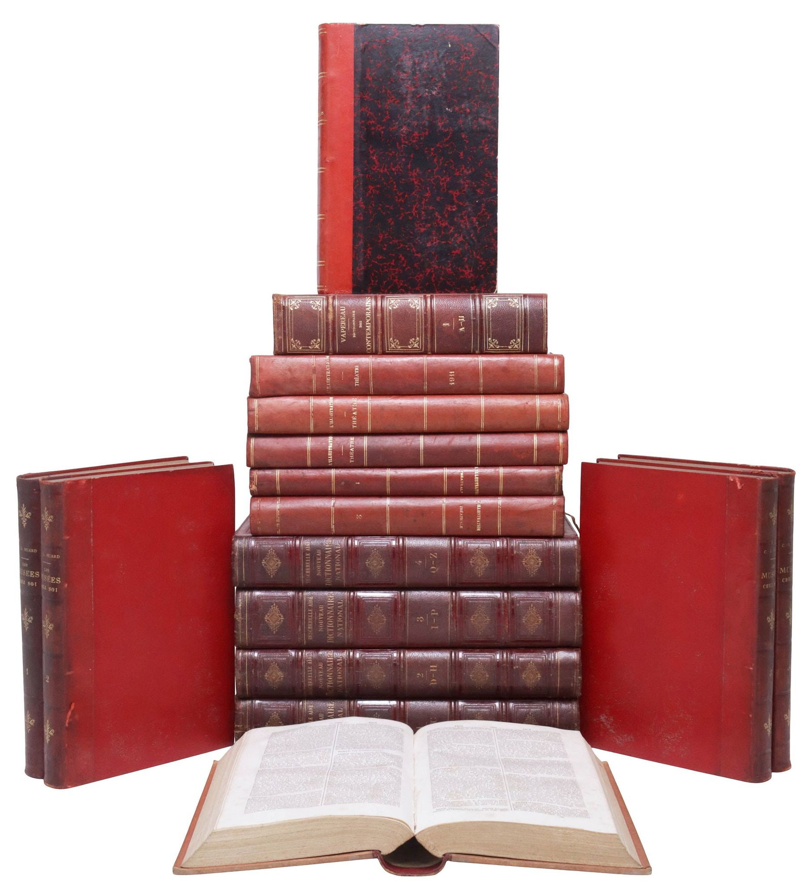 (16) FRENCH LEATHER-BOUND LIBRARY SHELF BOOKS, THEATRE, DICTIONARIES, & MUSEUM GUIDES (1 of 2)