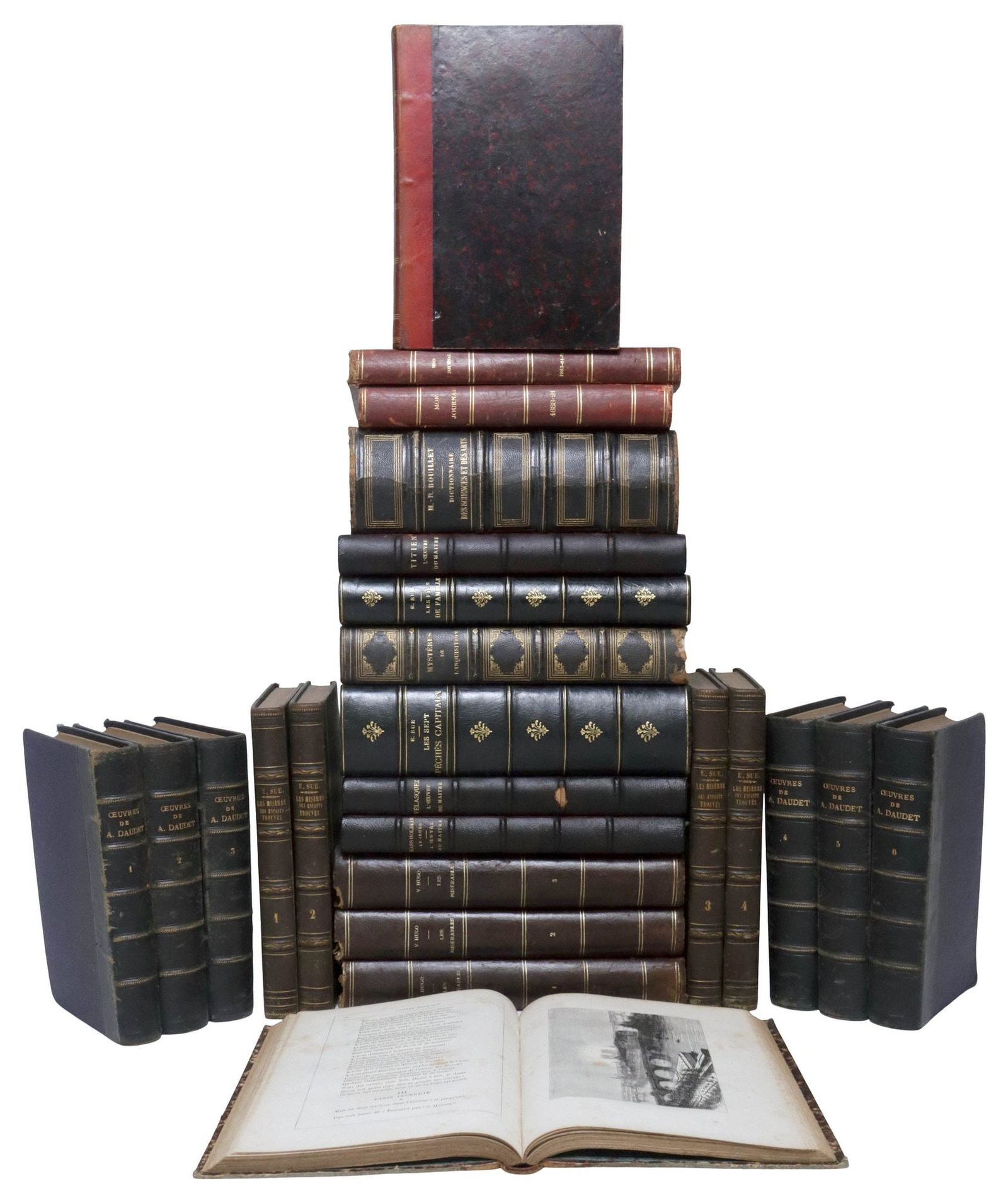 (24) FRENCH LEATHER-BOUND LIBRARY SHELF BOOKS, 'LES MISERABLES' & ART: (lot of 24) French library shelf books, art and fiction, with gilt-embossed leather binding, many with raised spine bands, marbleized cover, including: (3) "Les Miserables (The Wretched)," by Victor H