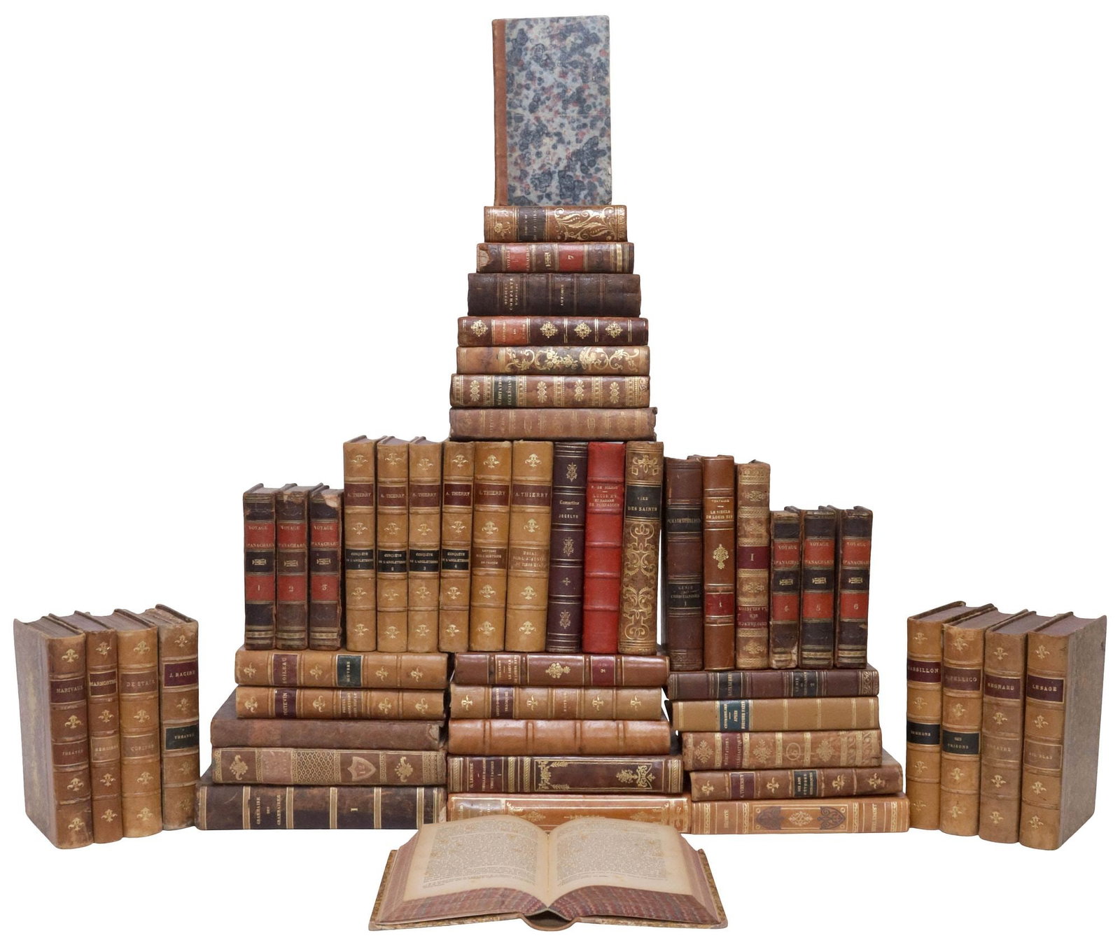 (50) FRENCH LEATHER-BOUND LIBRARY SHELF BOOKS, NOVELS, THEATRE & RELIGION (1 of 4)