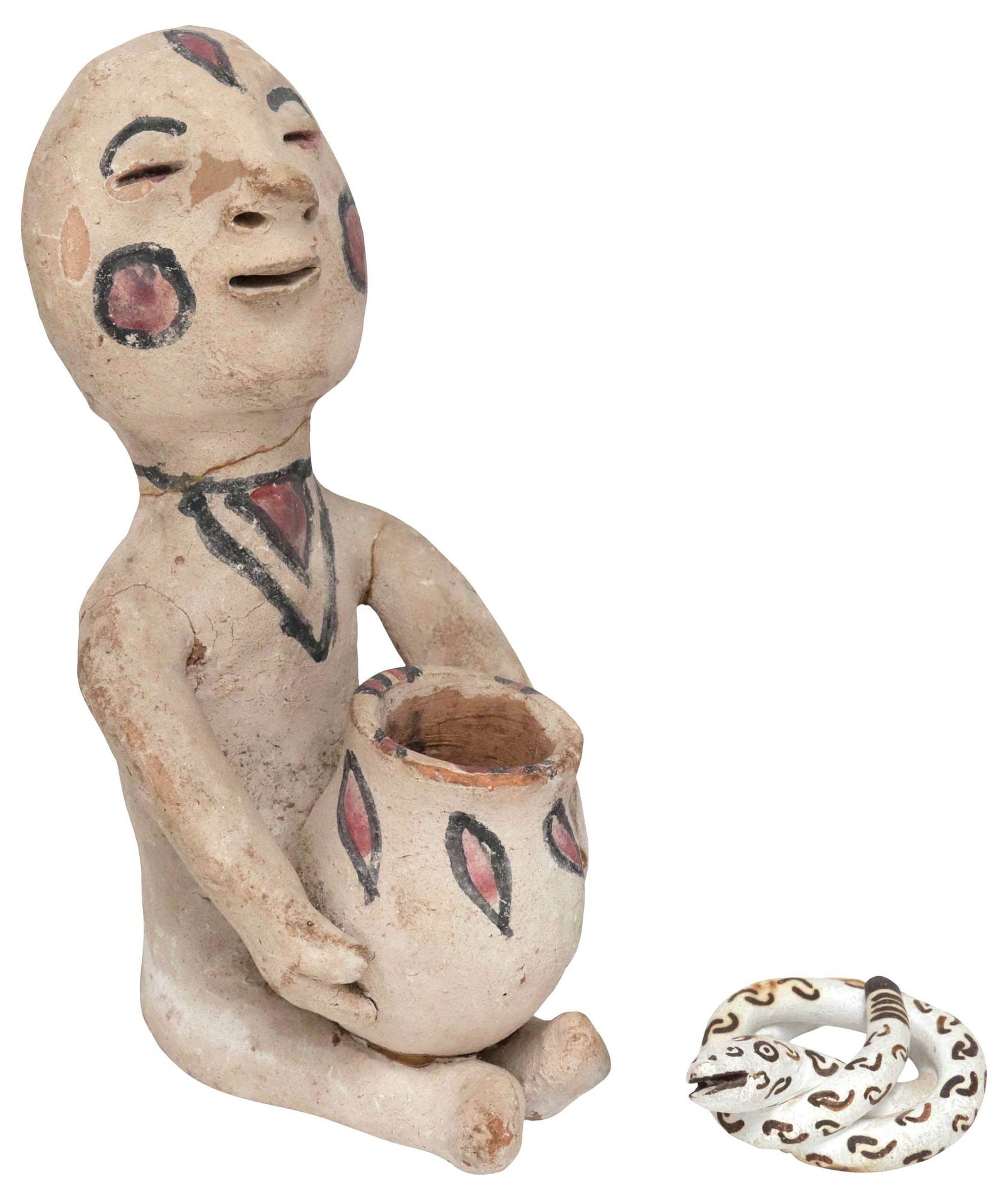 (2) NATIVE AMERICAN POTTERY FIGURES, LUCY LEWIS (ATTRIB.) SNAKE & TESUQUE RAIN GOD: (lot of 2) Native American pottery figures, including: (1) black-on-white snake, attributed to Lucy Lewis (Acoma Pueblo, active in New Mexico, 1895-1992), unsigned, approx 1"h, 2.5"w, 1.75"d; (1) Rain
