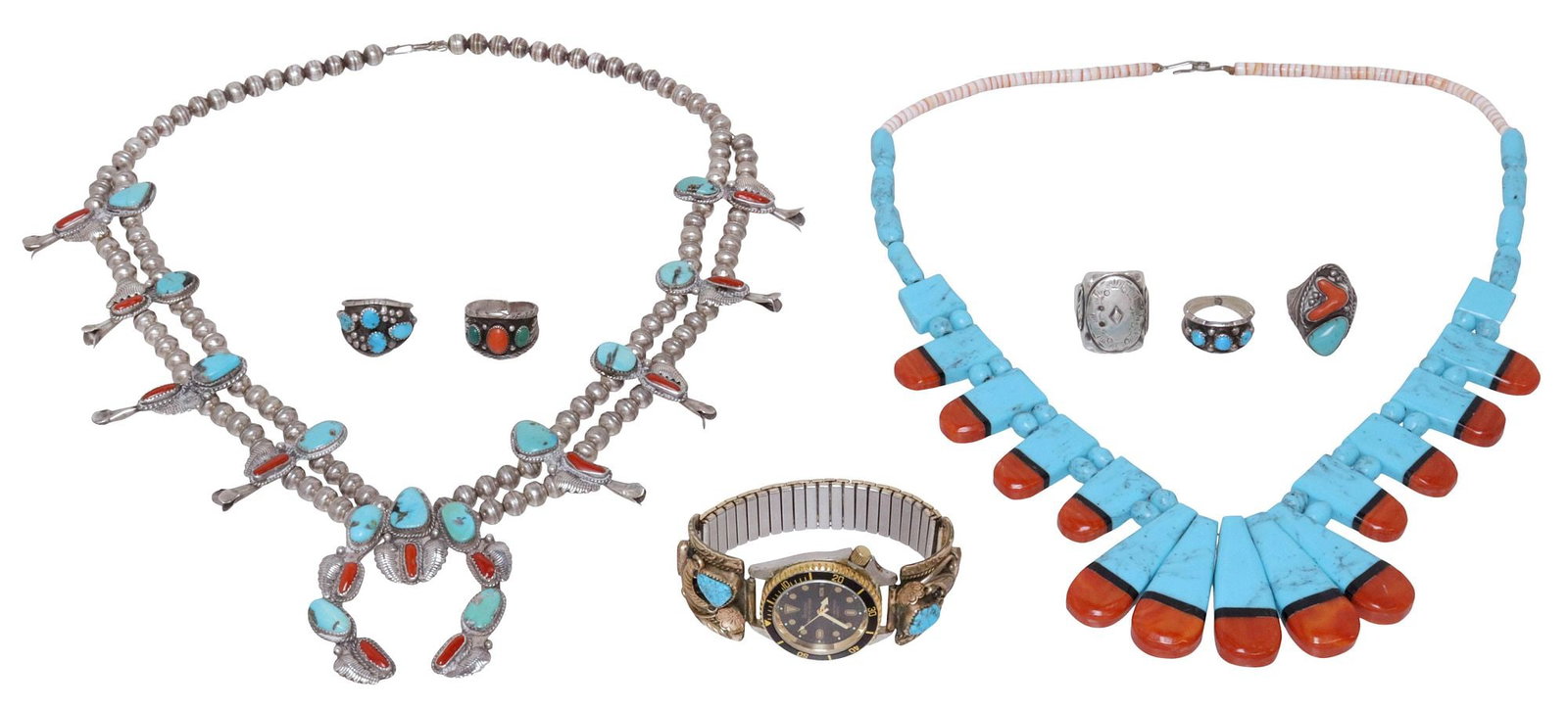 (8) GROUP OF NATIVE AMERICAN & SOUTHWEST STYLE JEWELRY: (lot of 8) Native American and Southwest style jewelry: (1) squash blossom silver (content unknown) silver, turquoise and red coral necklace, eight stylized conchos and central naja with featherwork, 