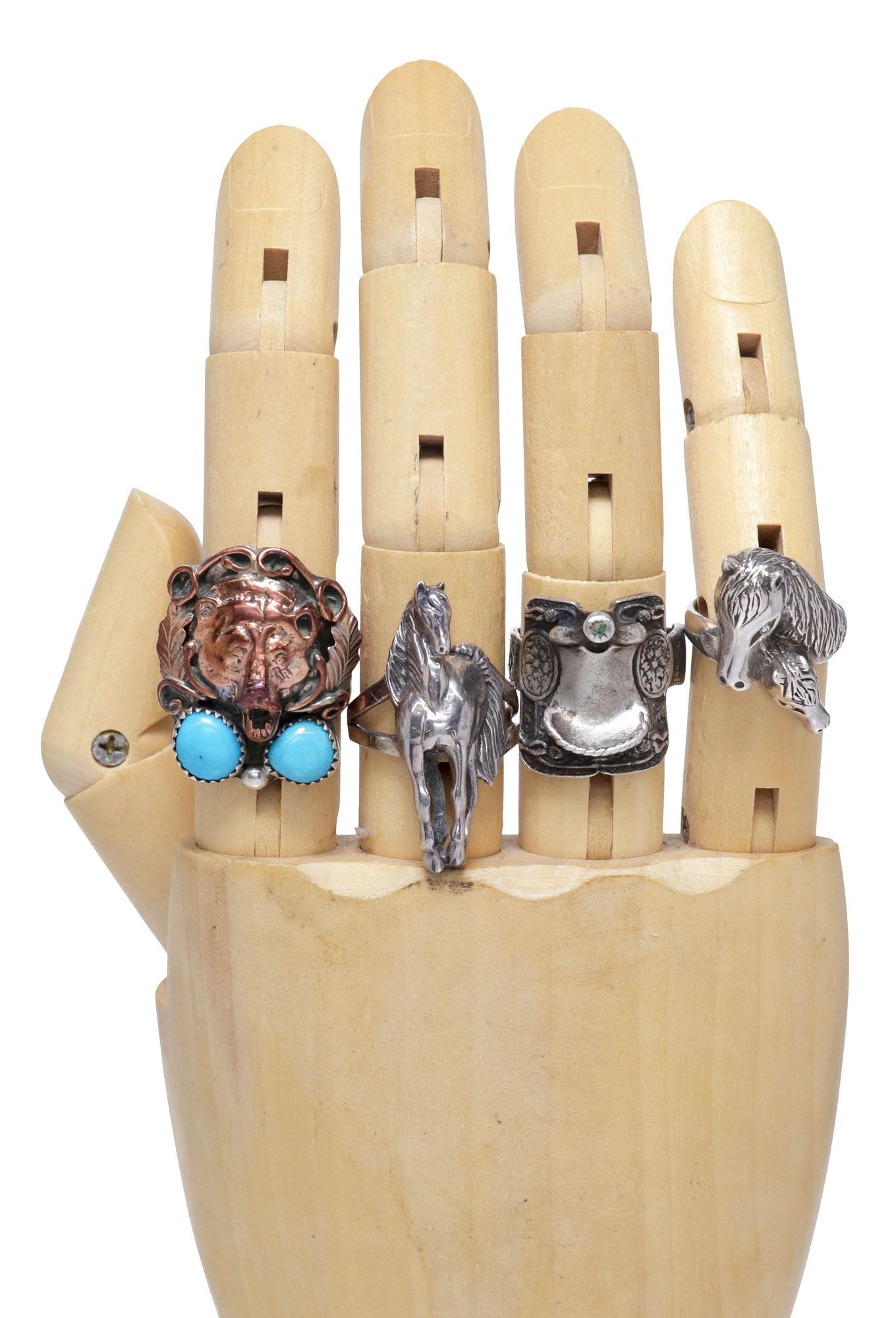 (4) SOUTHWEST & NATIVE AMERICAN STERLING SILVER RINGS, 1 RUNNING BEAR TRADING: (lot of 4) Southwest and Native American sterling silver rings, including: (1) Running Bear Trading, Gallup, New Mexico, copper overlay ring, with central bear mask and stampwork feather motifs, over 