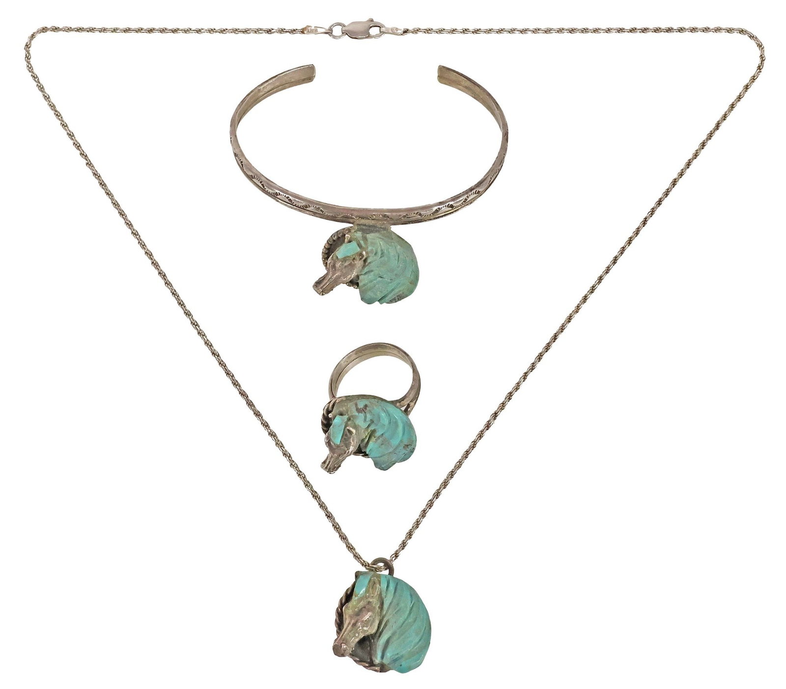 (3) JOHNNY BLUEJAY SOUTHWEST STYLE STERLING & TURQUOISE HORSE JEWELRY SET: (lot of 3) Southwest style sterling silver and turquoise jewelry suite, Johnny Bluejay (20th c.), each having horse head plaque with carved turquoise mane, twisted rope border, all marked sterling wit