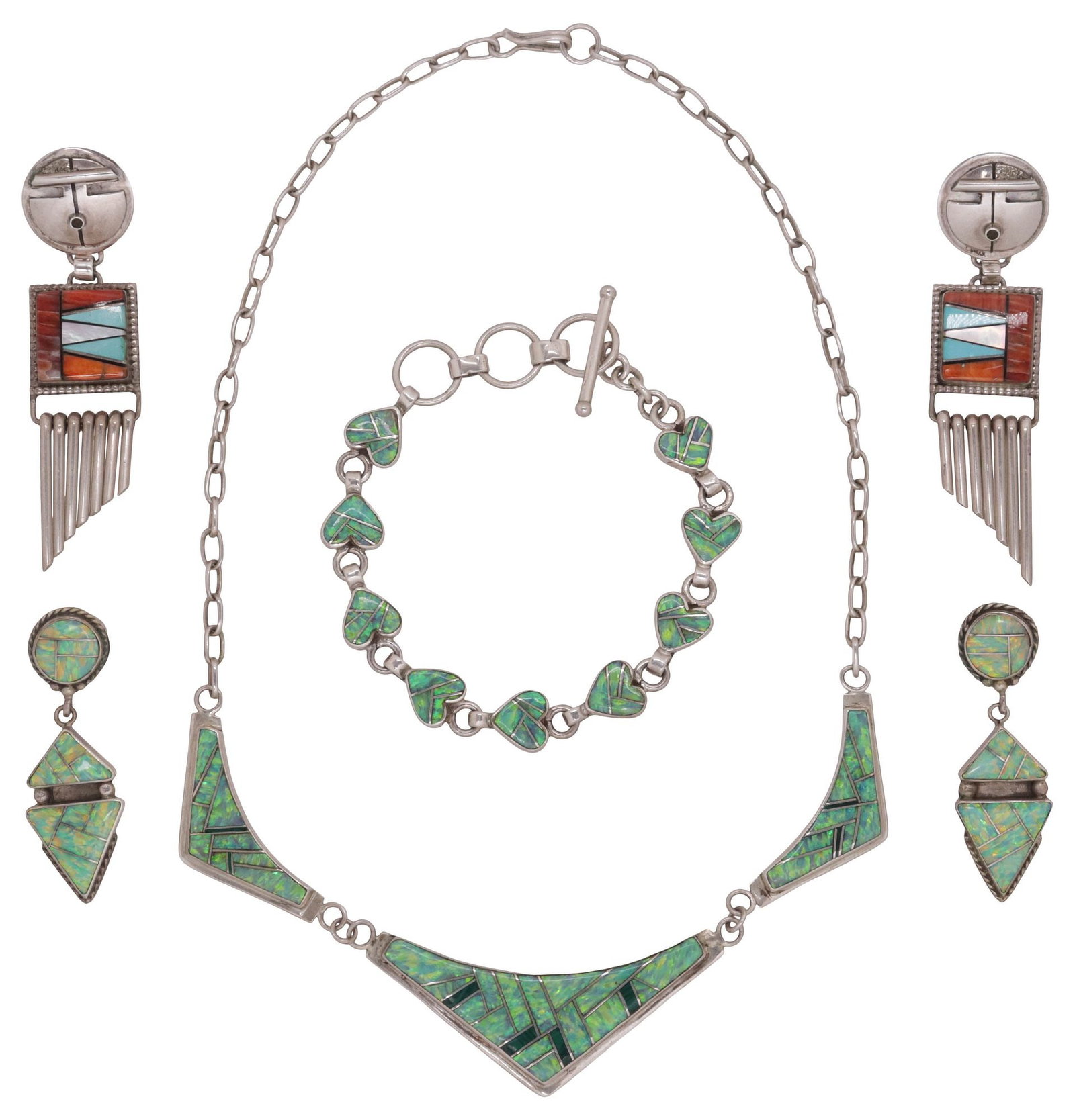 (4) SOUTHWEST STYLE MULTI-STONE MOSAIC INLAID STERLING JEWELRY: (lot of 4) Southwest style sterling silver and synthetic lab-grown opal jewelry suite, each hallmarked sterling, stamped sunburst or engraved flower pictorial maker's marks, including: (1) bib necklac
