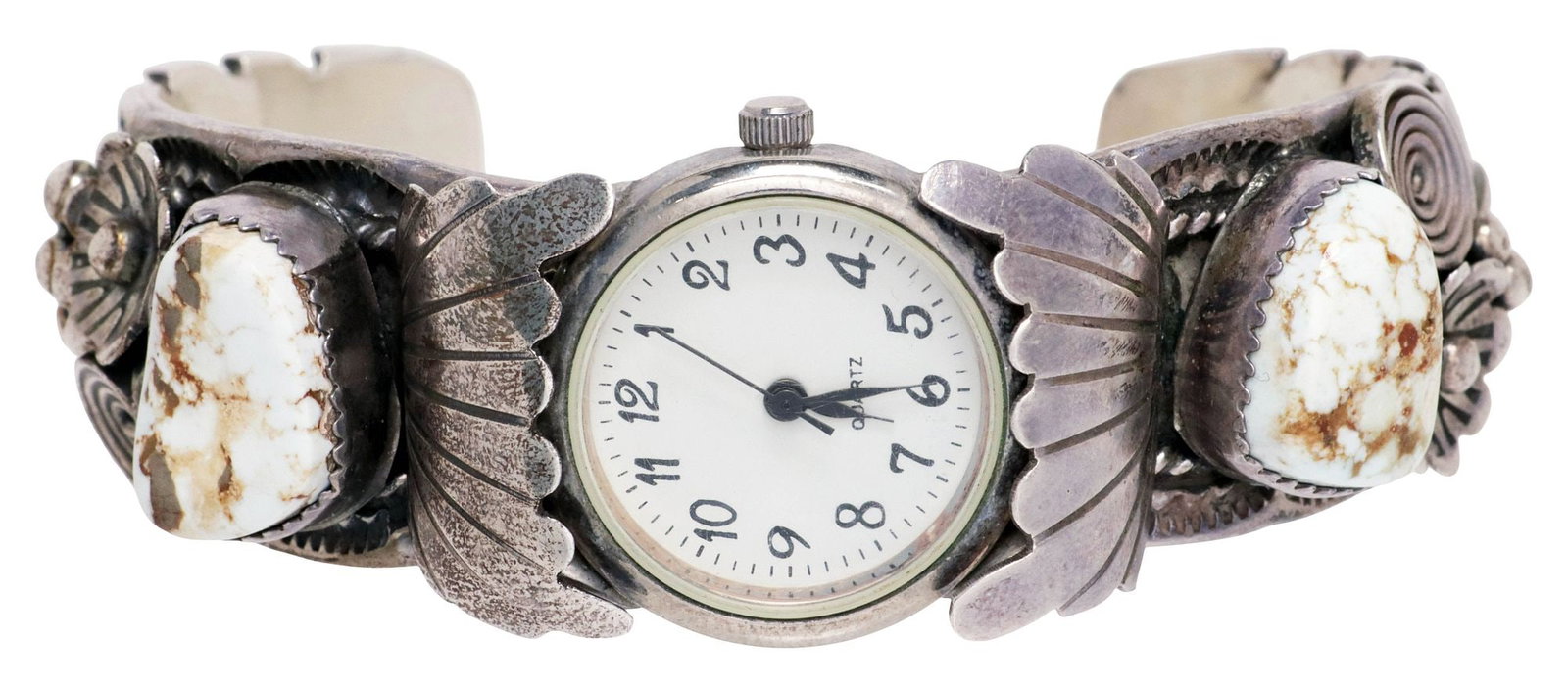 THOMAS FRANCISCO NAVAJO STERLING SILVER & WHITE GEMSTONE WATCH CUFF: Native American sterling silver watch cuff, signed TF (Thomas Francisco, Navajo/ Dine, 20th c.), having bezel-set white cabochons, likely white buffalo or wild horse magnesite, with flowers, scrolls, 
