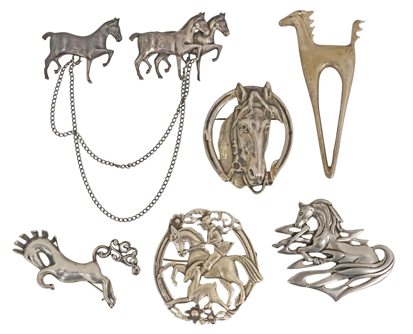 (6) NATIVE AMERICAN & WESTERN STYLE STERLING SILVER HORSE BROOCHES: (lot of 6) Native American and Western style sterling silver equestrian brooches, with varied purity marks, including: (1) in the form of a stylized horse with tapering legs, signed DCS (likely Navajo